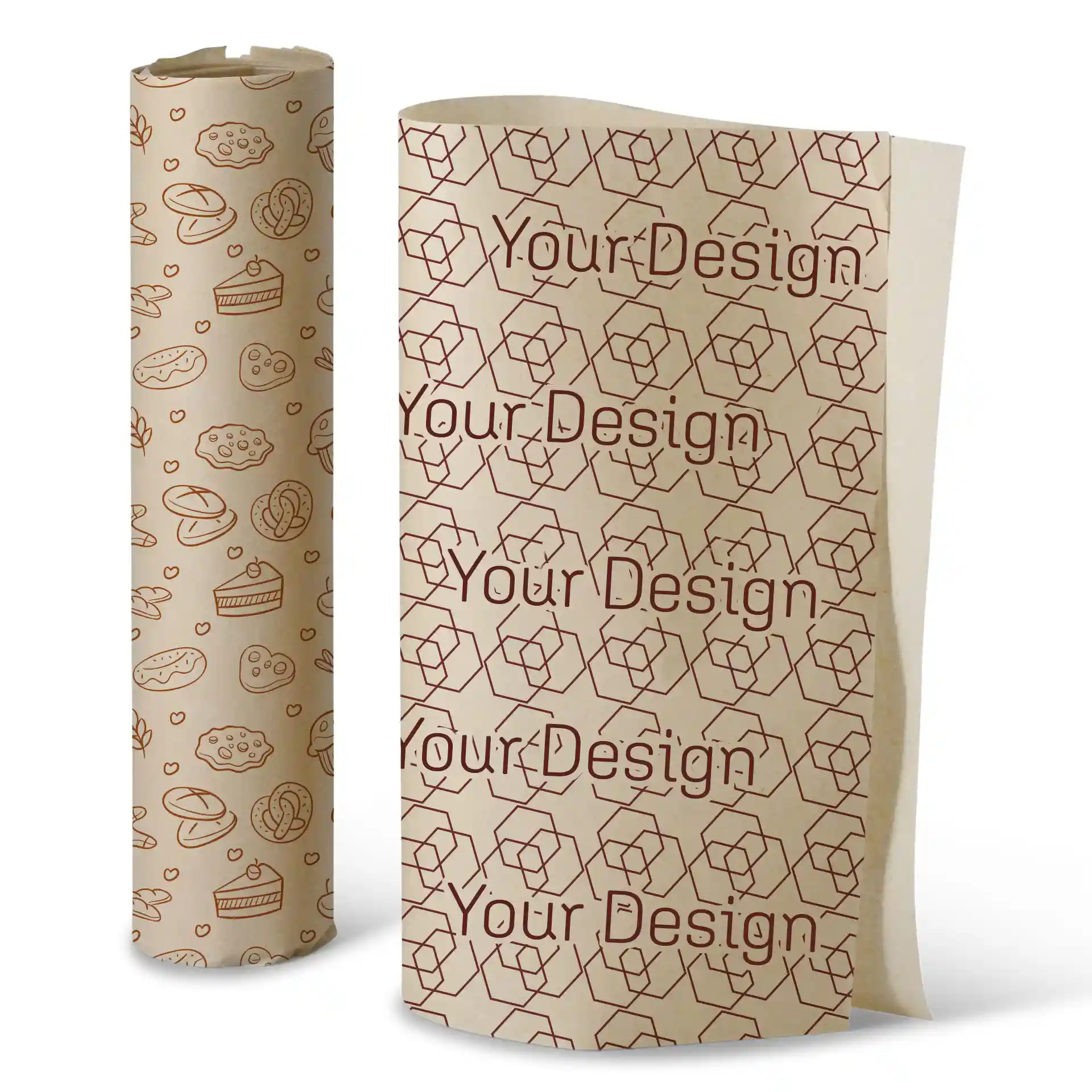 Printed wrapping paper with a brown background, featuring various dessert illustrations and a repeating design.