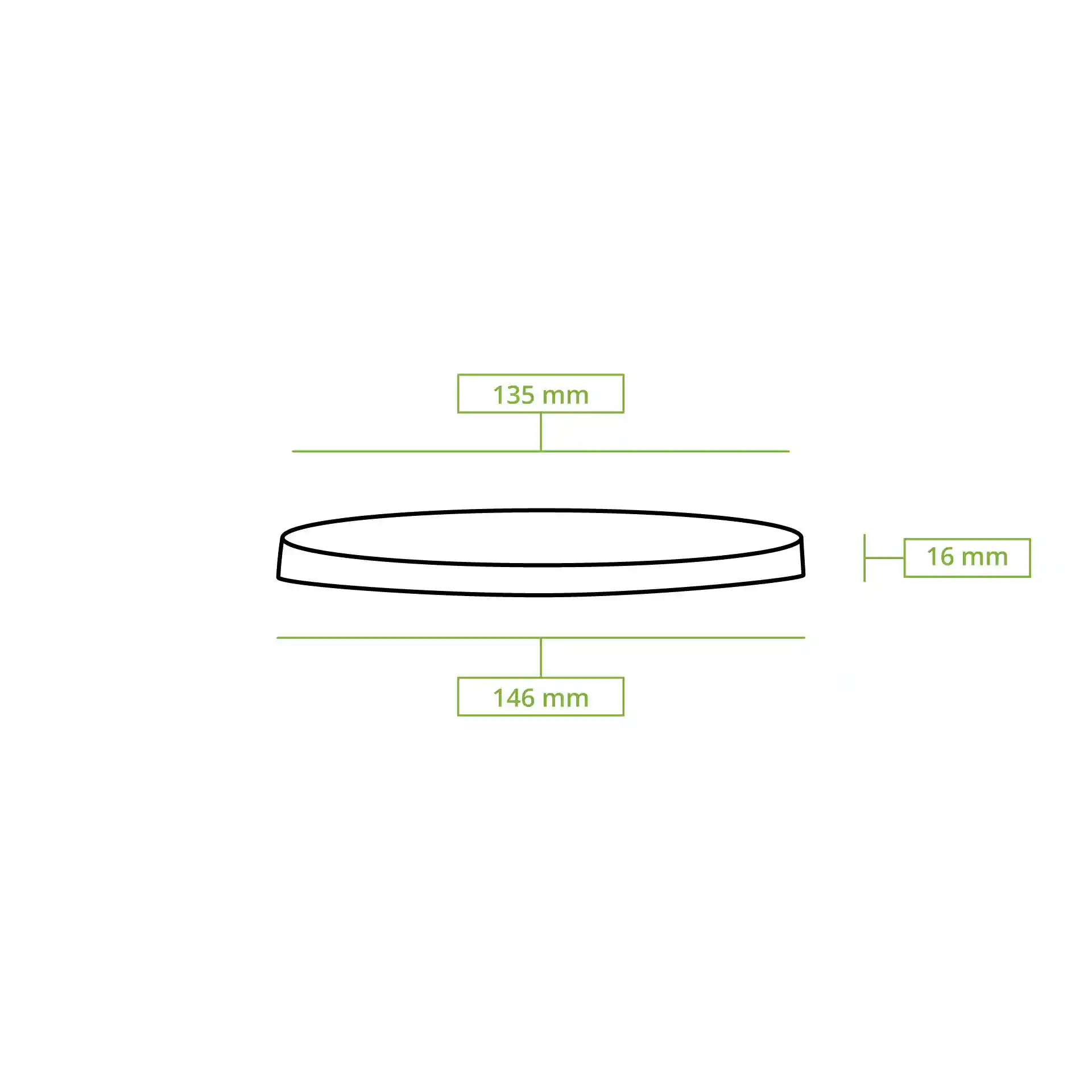 Schematic drawing of a round lid with dimensions of 135 mm top diameter, 146 mm bottom diameter, and 16 mm height.