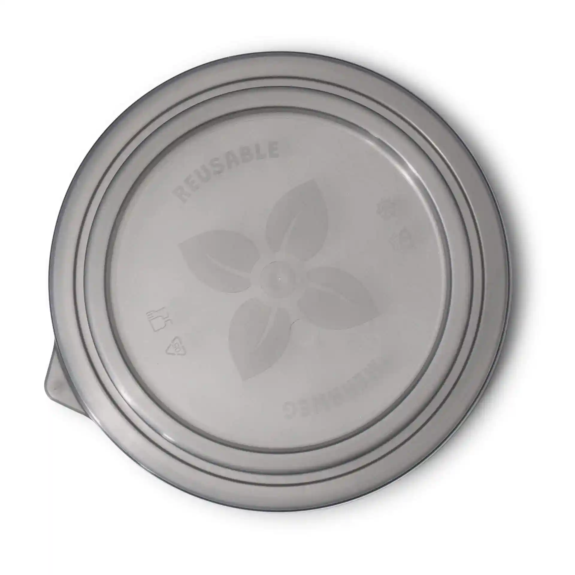 Round grey reusable lid made of polypropylene, with a diameter of 185 mm and a height of 16 mm.