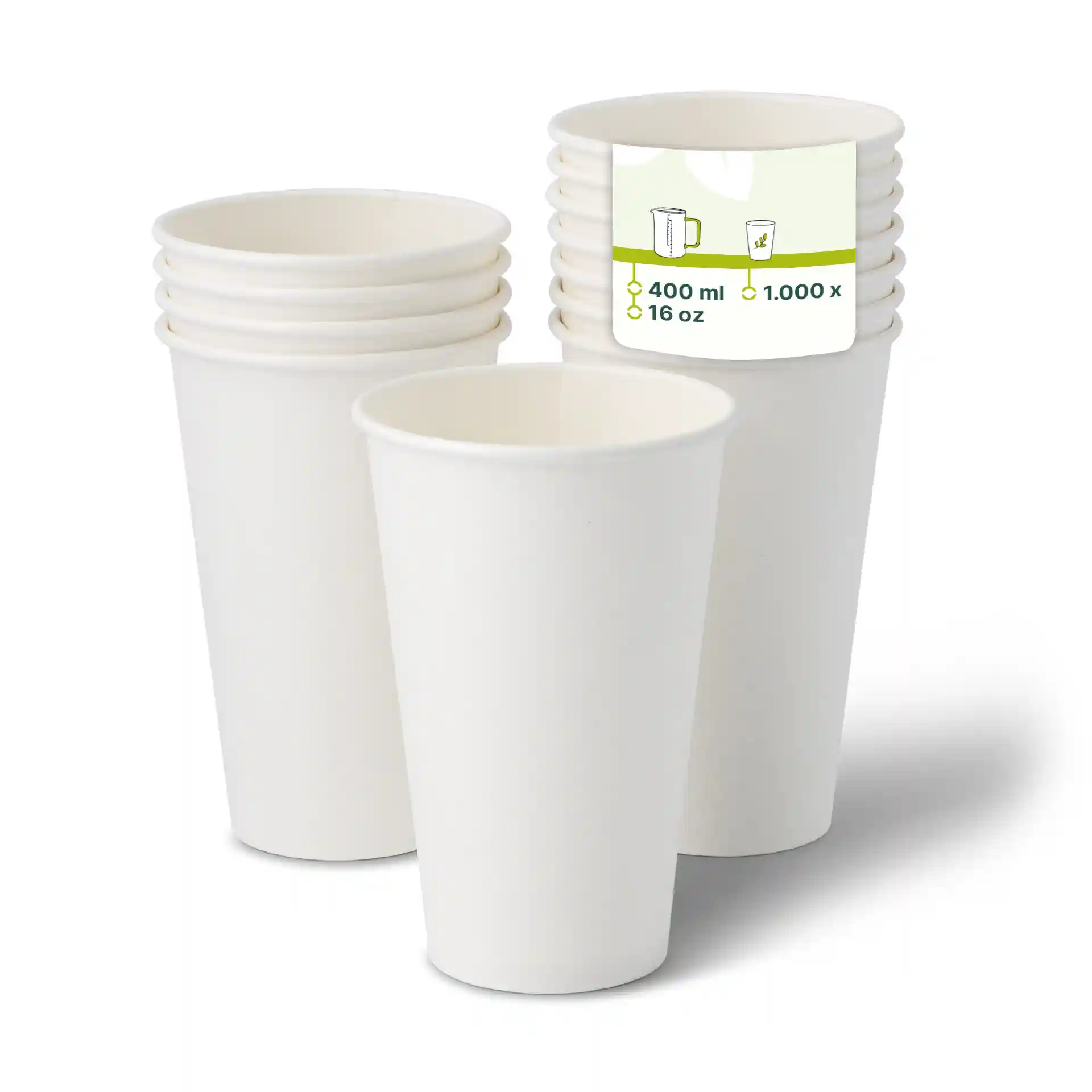 White paper cups stacked, with one cup in front showing a label indicating 400 ml capacity and 16 oz volume.