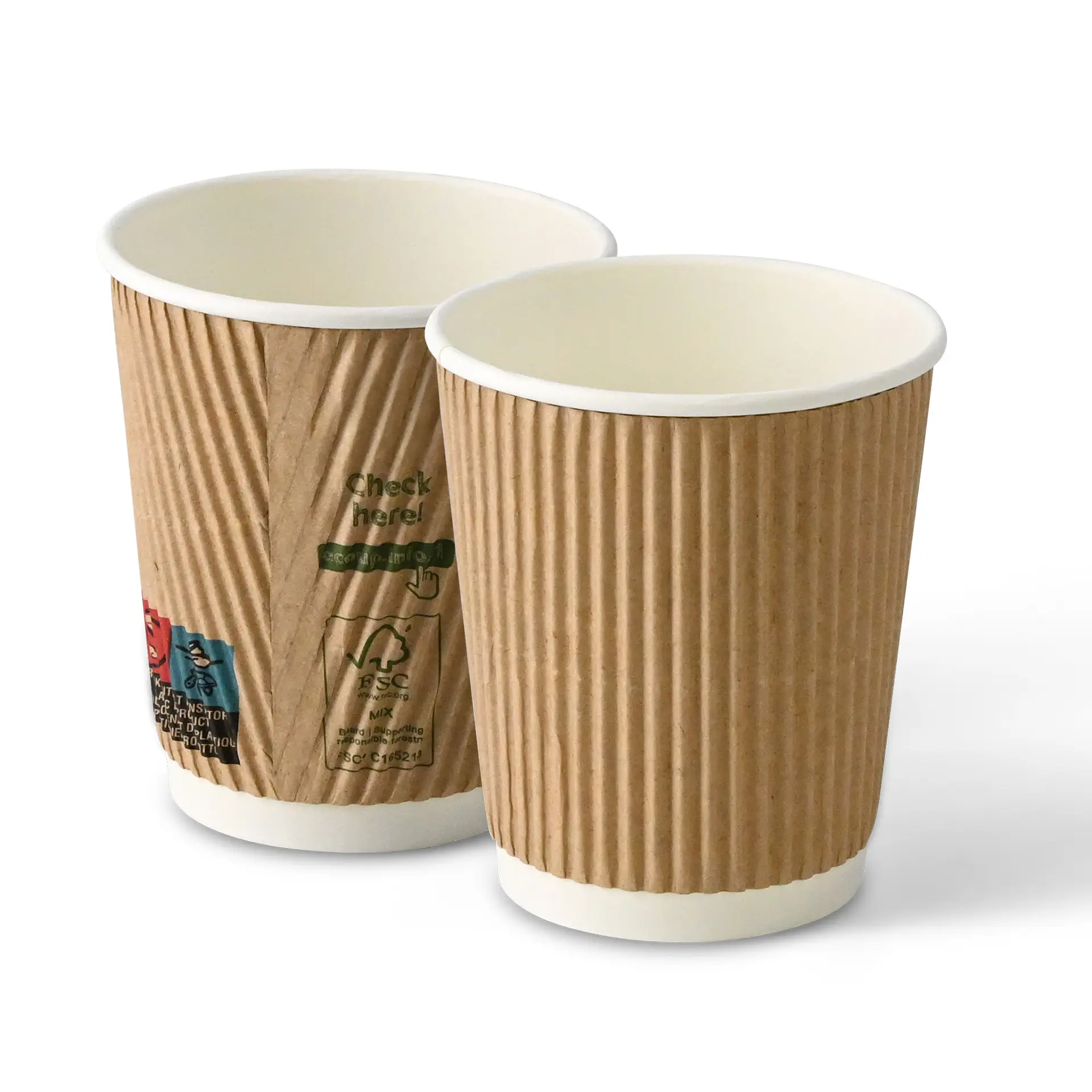 One 8 oz brown ribbed paper coffee cup with a PLA inner coating; another cup in the background with reduced opacity.