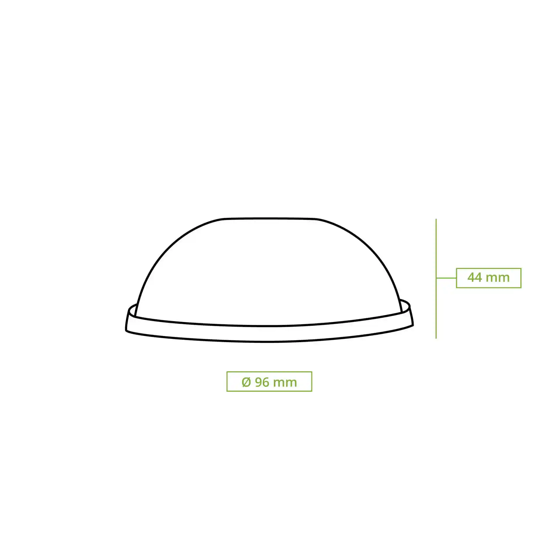 Schematic drawing of a transparent PLA dome lid with a diameter of 96 mm and a height of 44 mm.