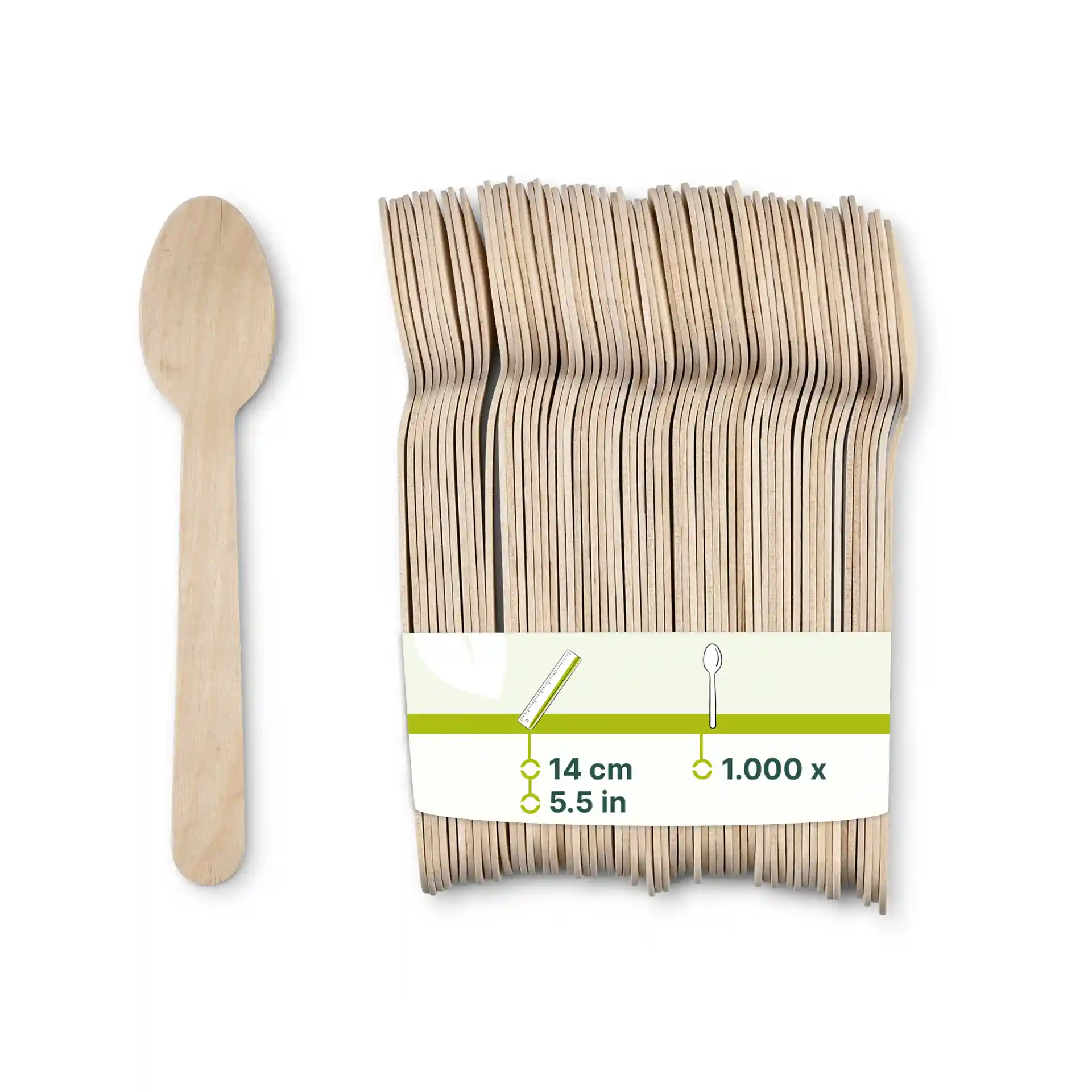Wooden spoons in a pack, each 14 cm long, with a brown color and made of wood, displayed with a single spoon on the side.