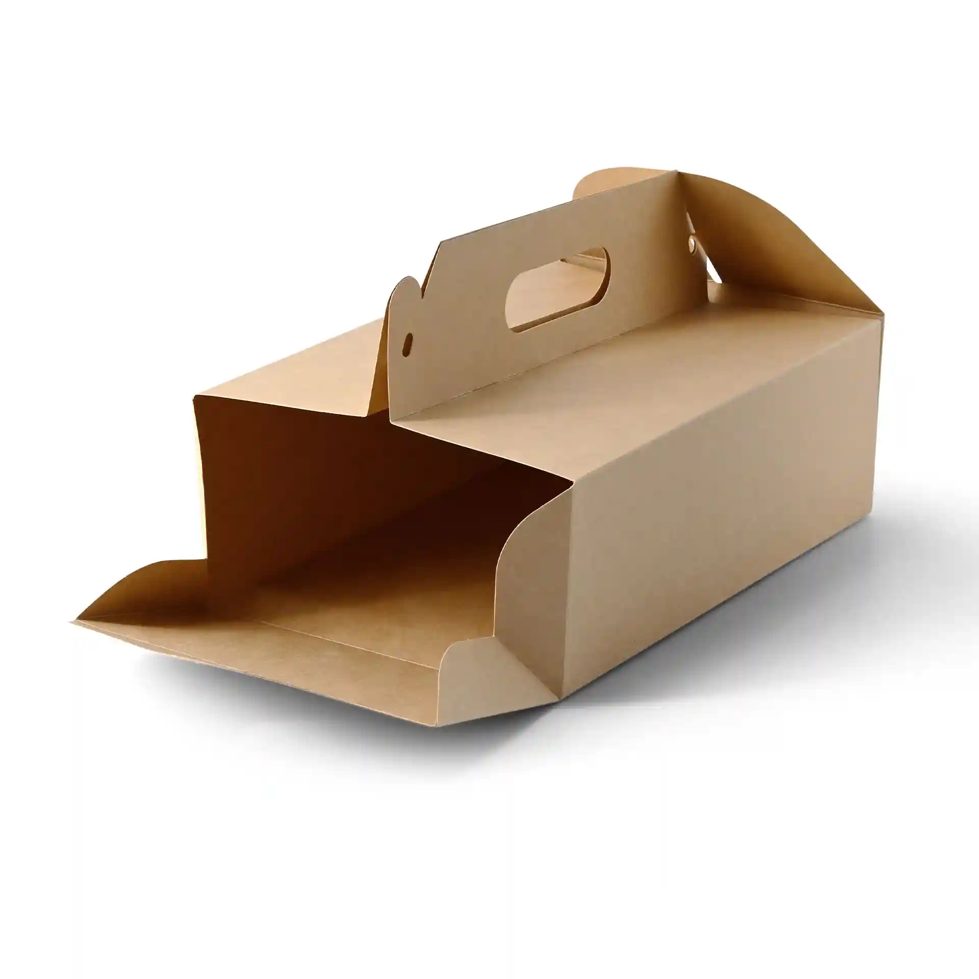 Brown cardboard pastry box with a handle, rectangular shape, dimensions 26 x 17 x 9 cm, foldable design.