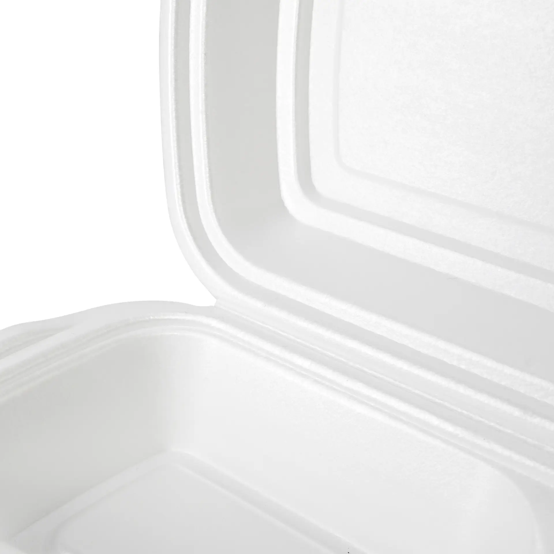 White foam food container with a hinged lid, showing the interior and outer edges.