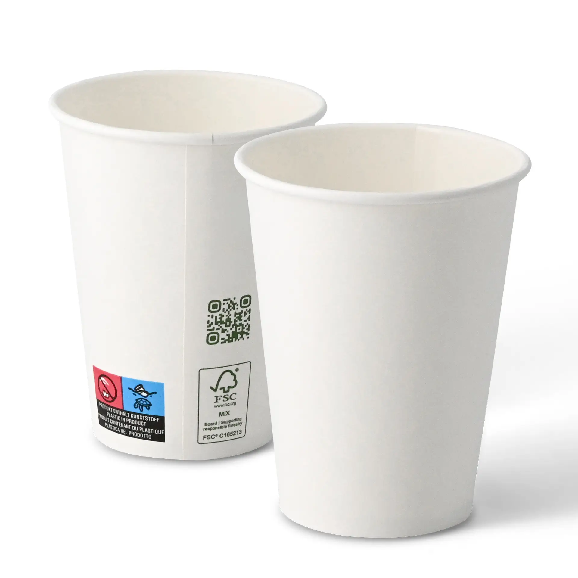 White paper cups, 300 ml capacity, single wall, with a diameter of 90 mm, shown from different angles.