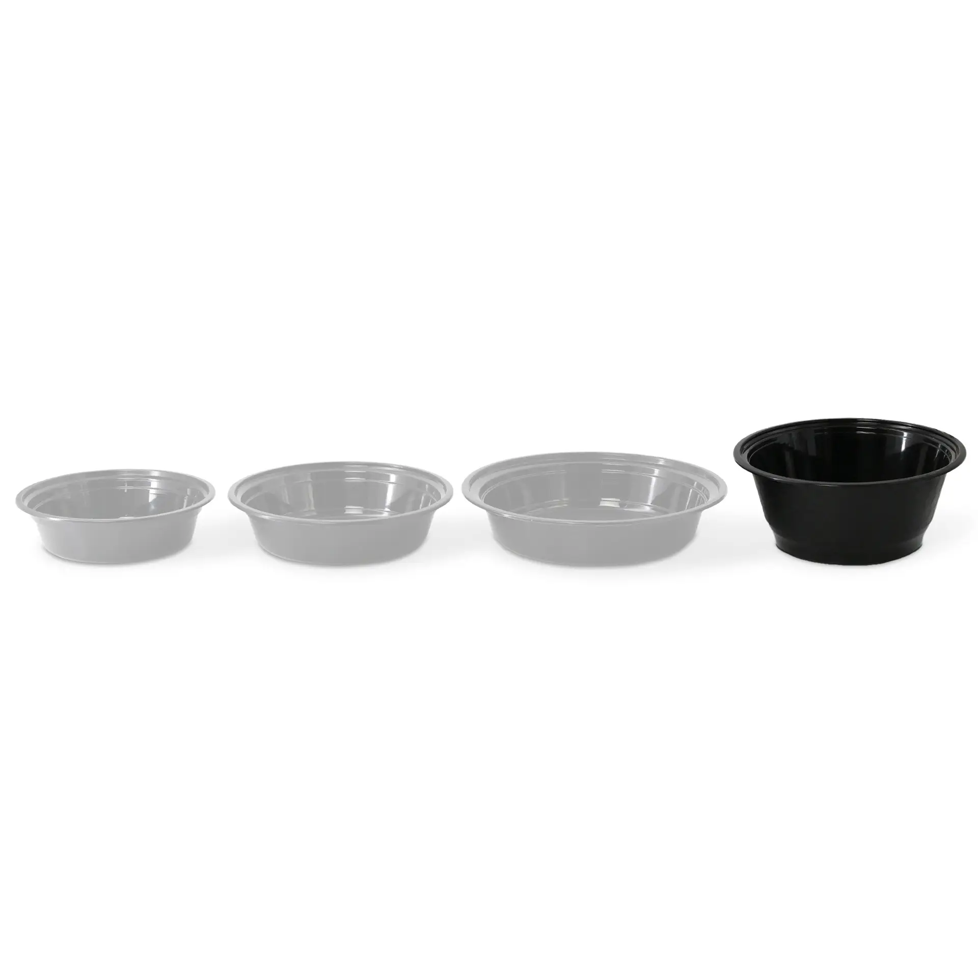Four reusable food containers in varying sizes; deep black bowl on the right, three clear bowls on the left.