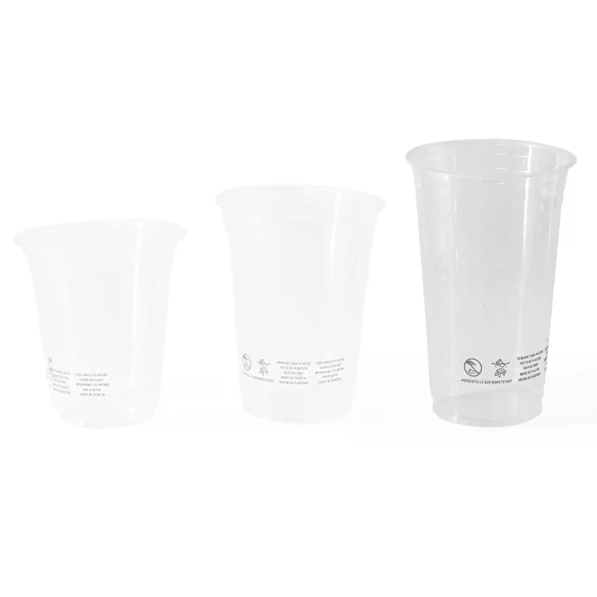 Three clear PLA plastic cups of varying sizes, with the largest cup on the right.