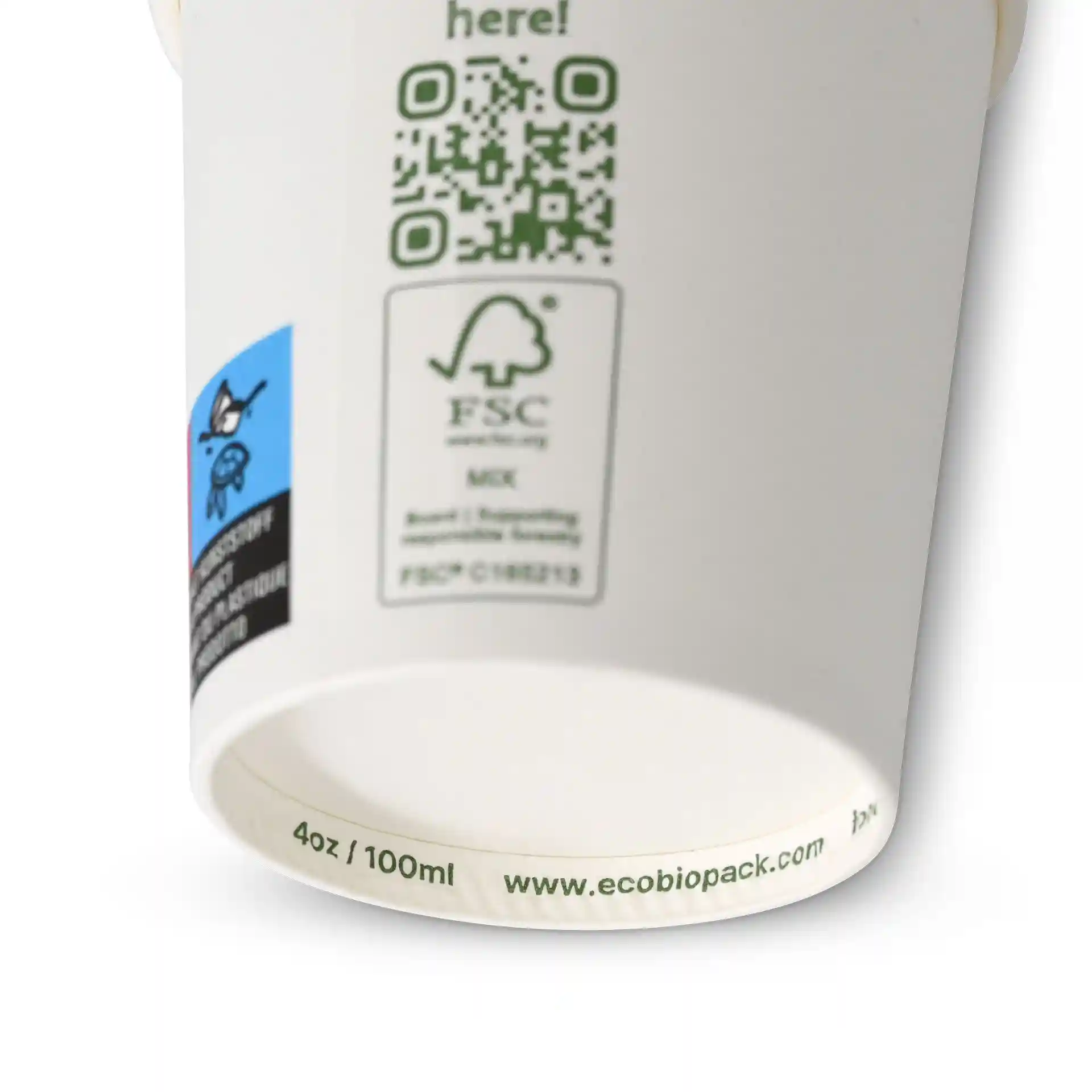 White paper cup with a diameter of 62 mm, featuring a QR code and FSC logo on the side.