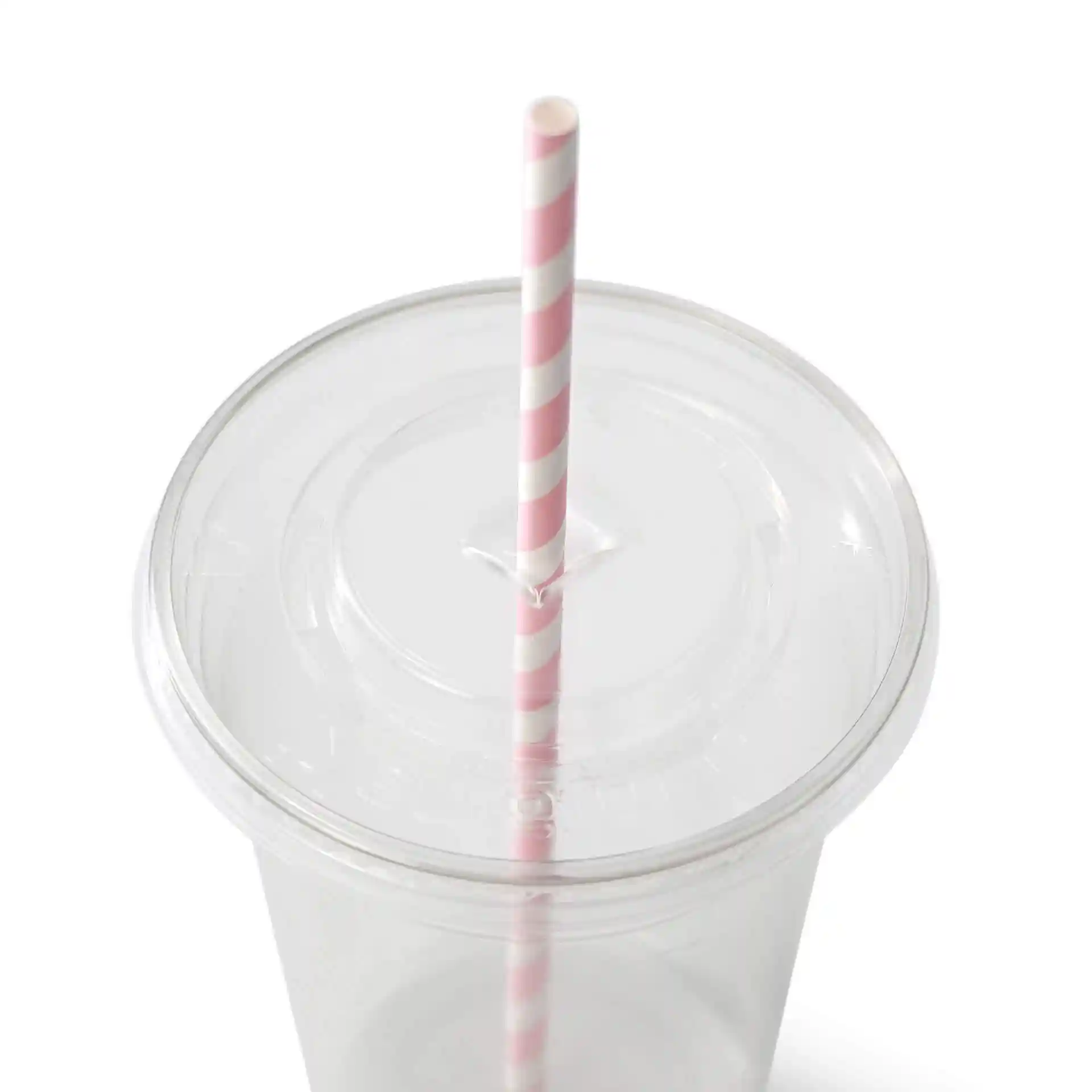 Clear cup with a pastel striped paper straw inserted, showing the top view of the cup and straw.