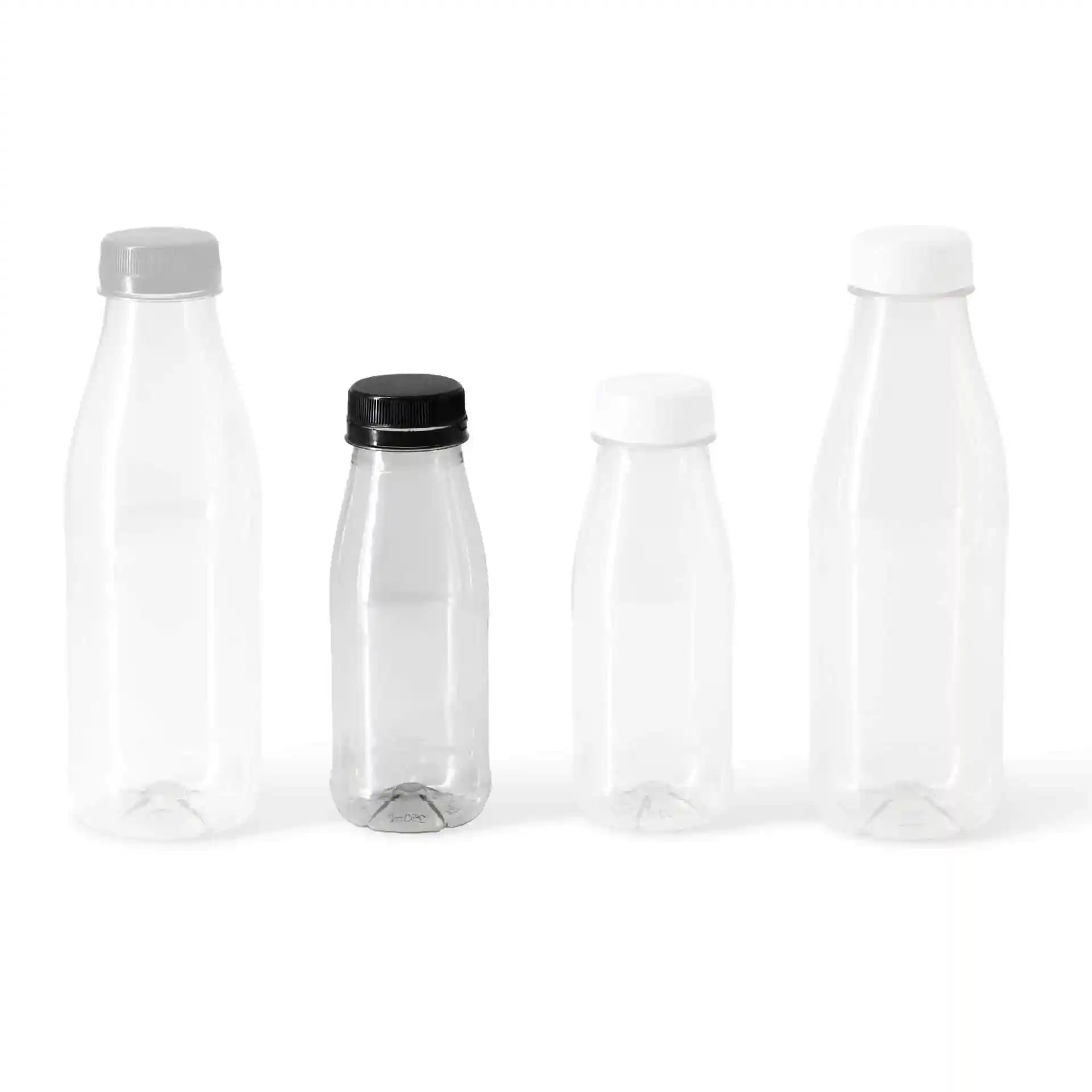 Clear rPET bottles in various sizes with black and white lids, including a 250 ml bottle in the center.