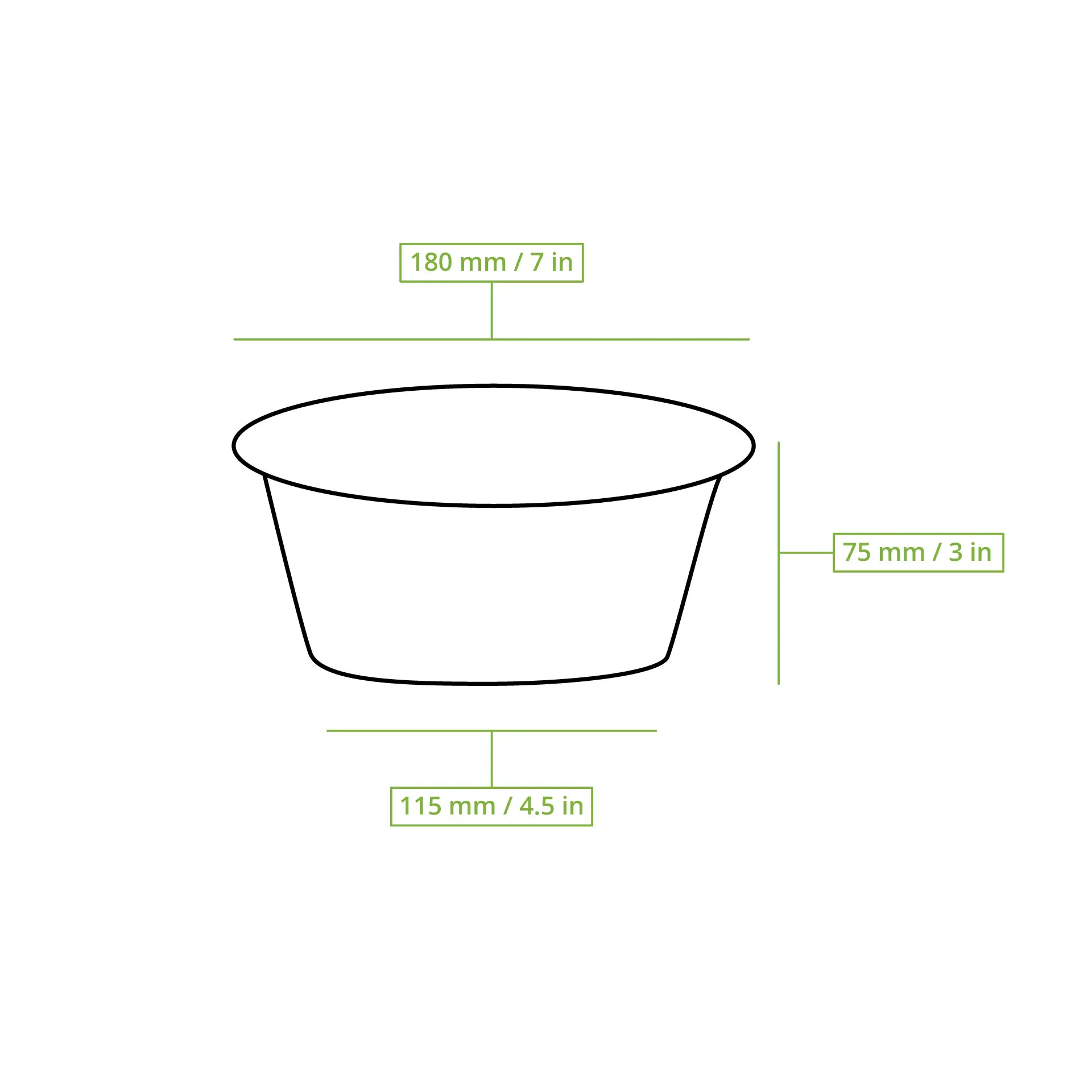 Reusable black food container; dimensions 180 mm diameter, 75 mm height, 115 mm base; suitable for hot and cold dishes, microwave and dishwasher safe.