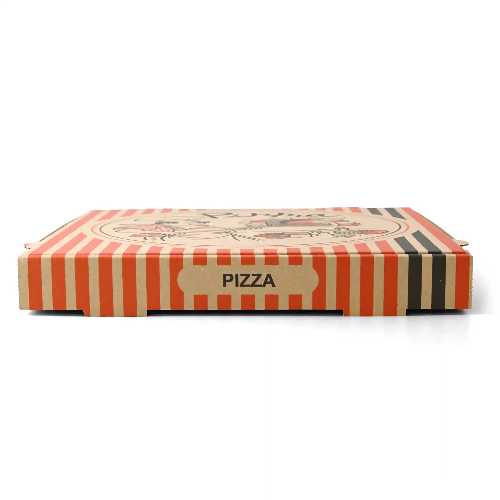 Cardboard pizza box with red and white stripes, featuring a pizza chef design and the word "PIZZA" on the side.