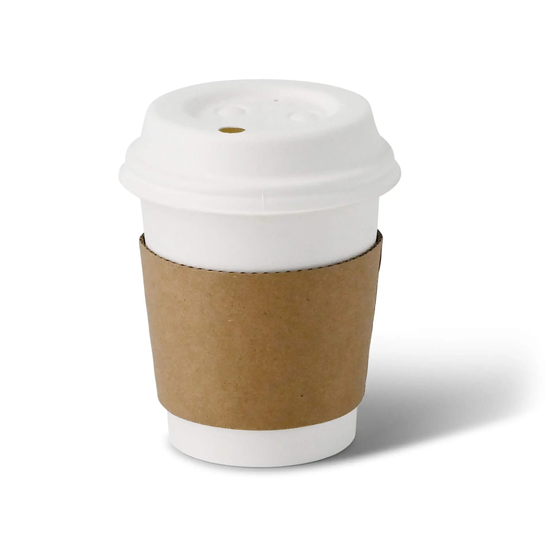 Brown cardboard cup sleeve on a white paper cup with a lid, designed for hot beverages like coffee or tea.