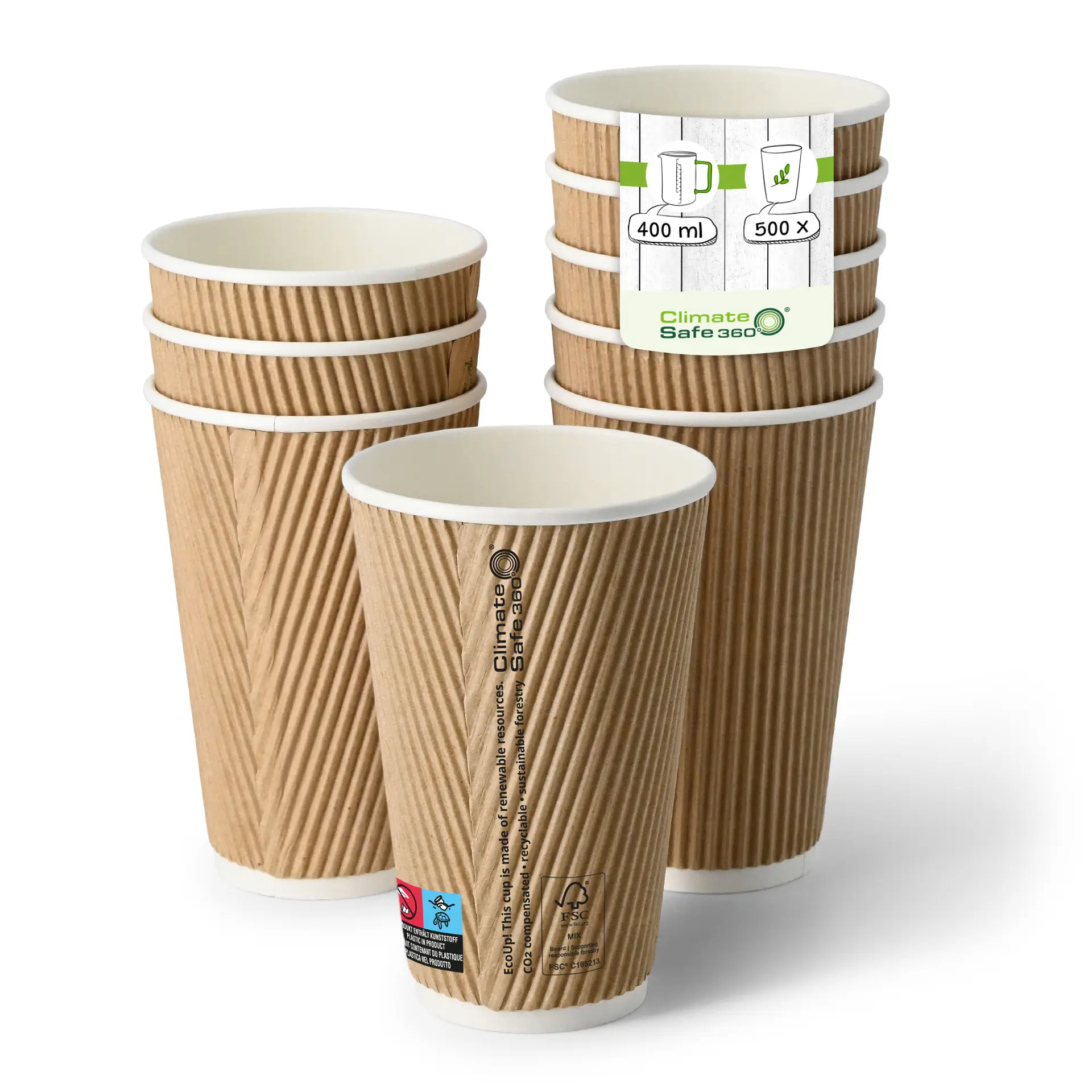 16 oz Take away coffee cups (coated) / Ripple cups, Ø 80 mm, brown, inner white con10027-01-0-riffelbecher-beschichtet-coffee-to-go-becher-400-ml-16-oz-90-mm-braun-innen-weiss