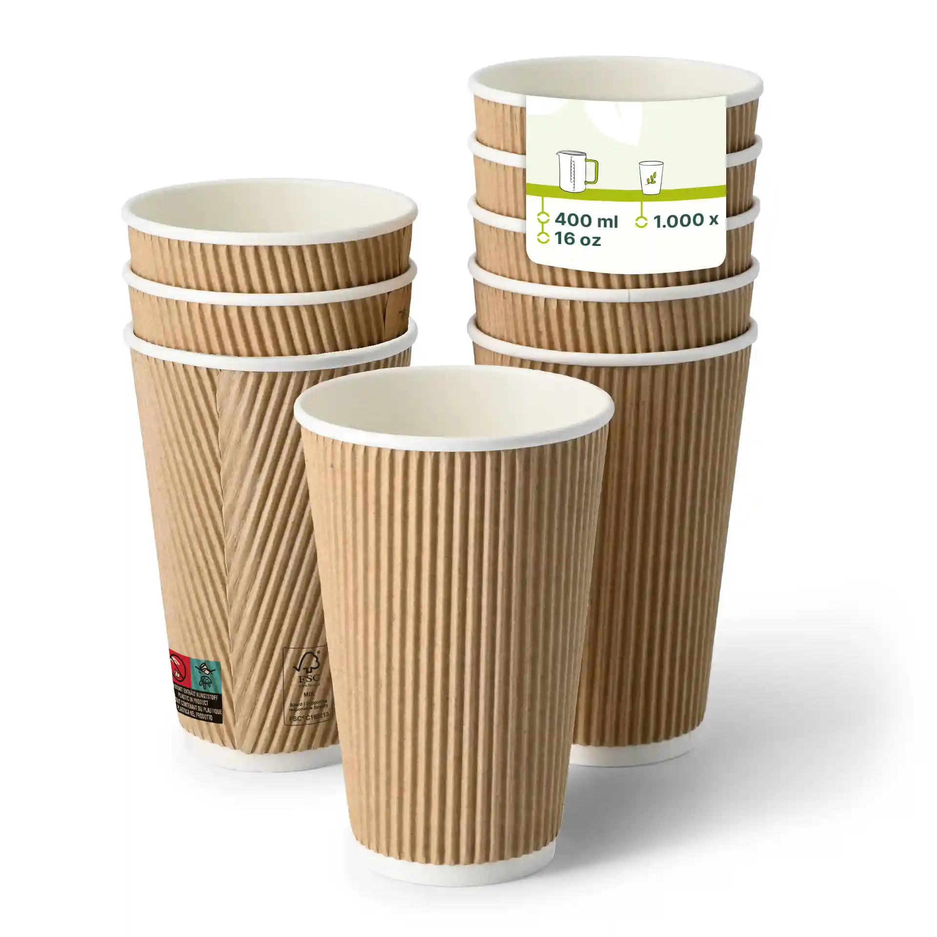 Brown ripple coffee cups stacked, with one cup in front showing a white interior.