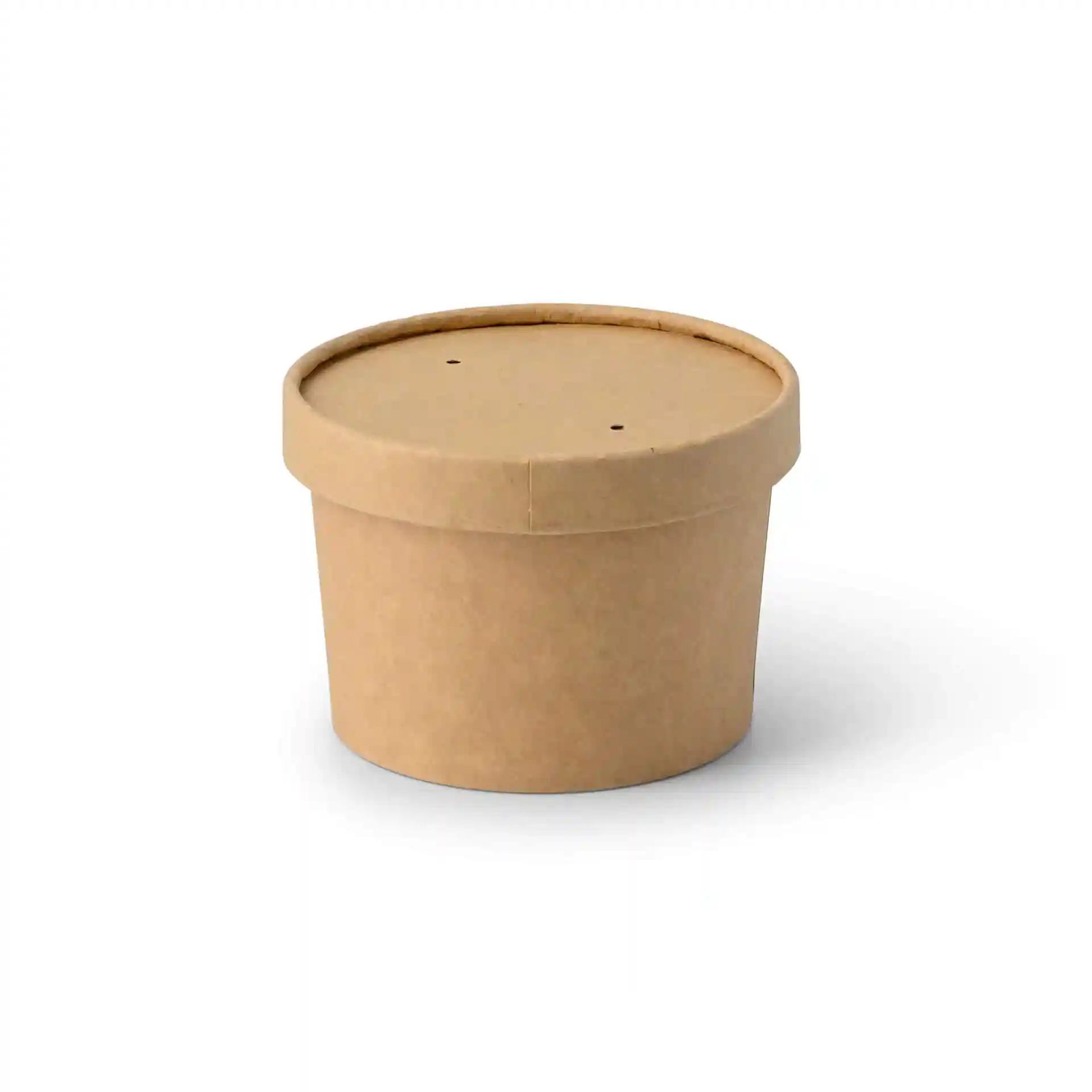 Brown round paper cup with a lid, 8 oz capacity, made of cardboard, featuring a coated surface.