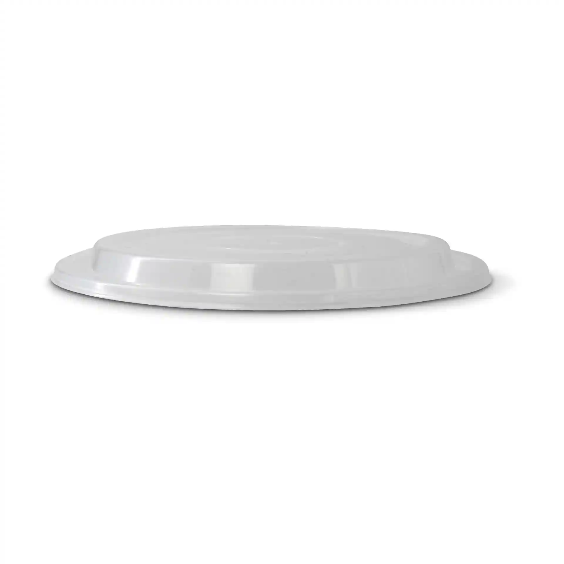 Transparent round reusable lid made of polypropylene, 16 mm high and 183 mm in diameter.