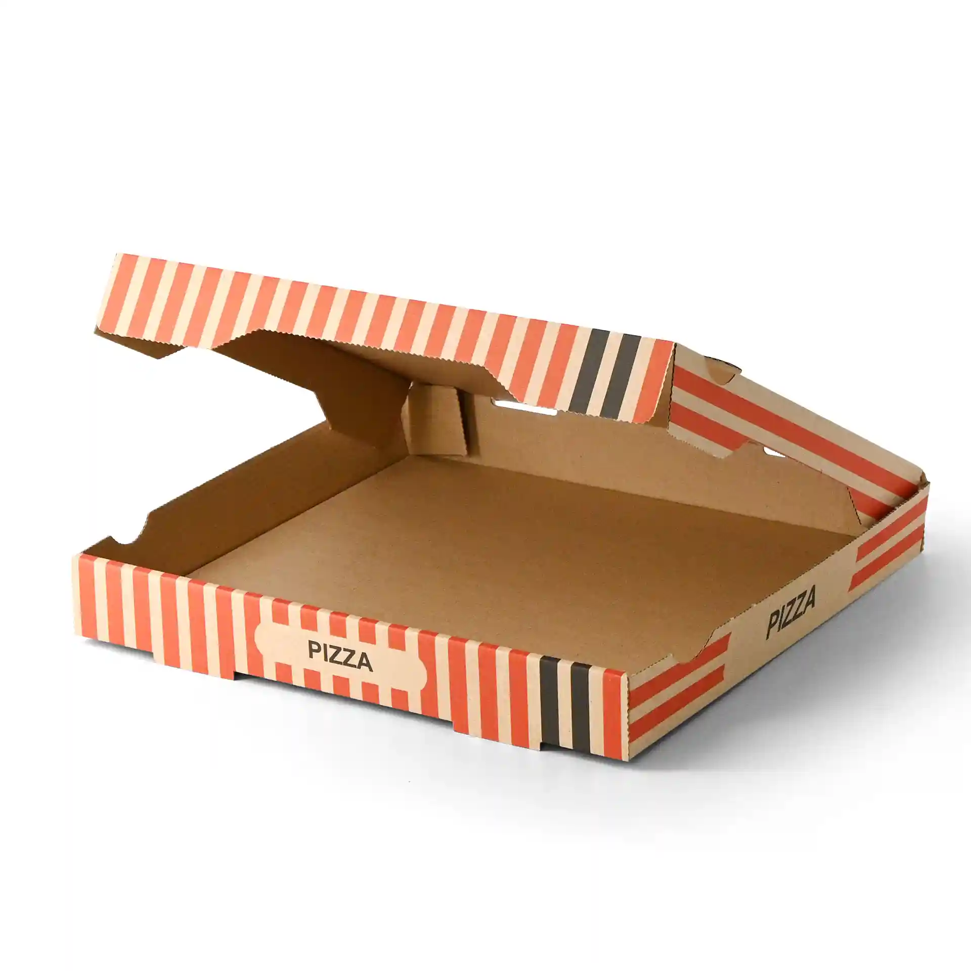 Cardboard pizza box with a brown exterior and red striped design, measuring 30 x 30 cm and 4 cm high.