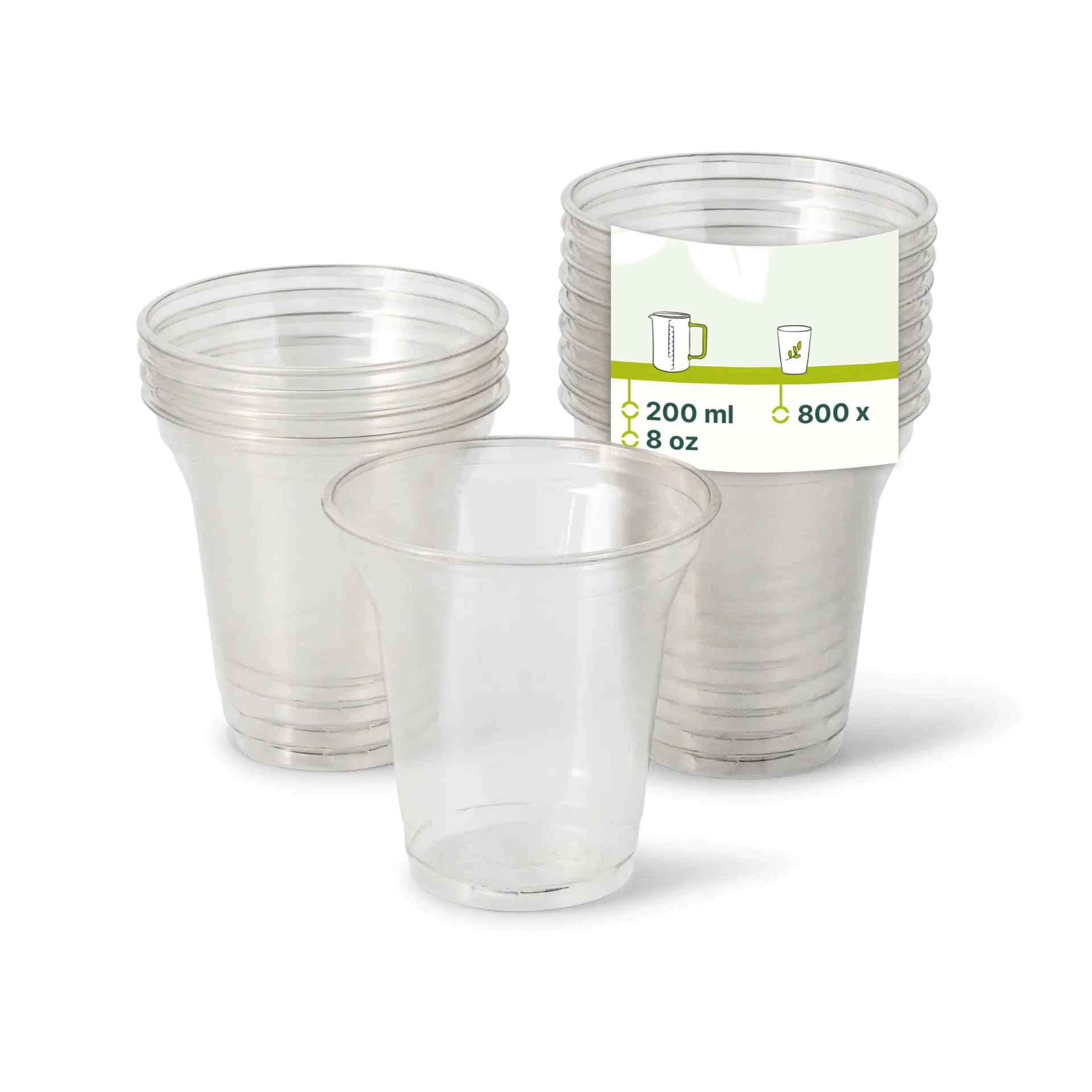 One clear 8 oz cup made from 100% recycled PET; several stacked transparent cups behind.