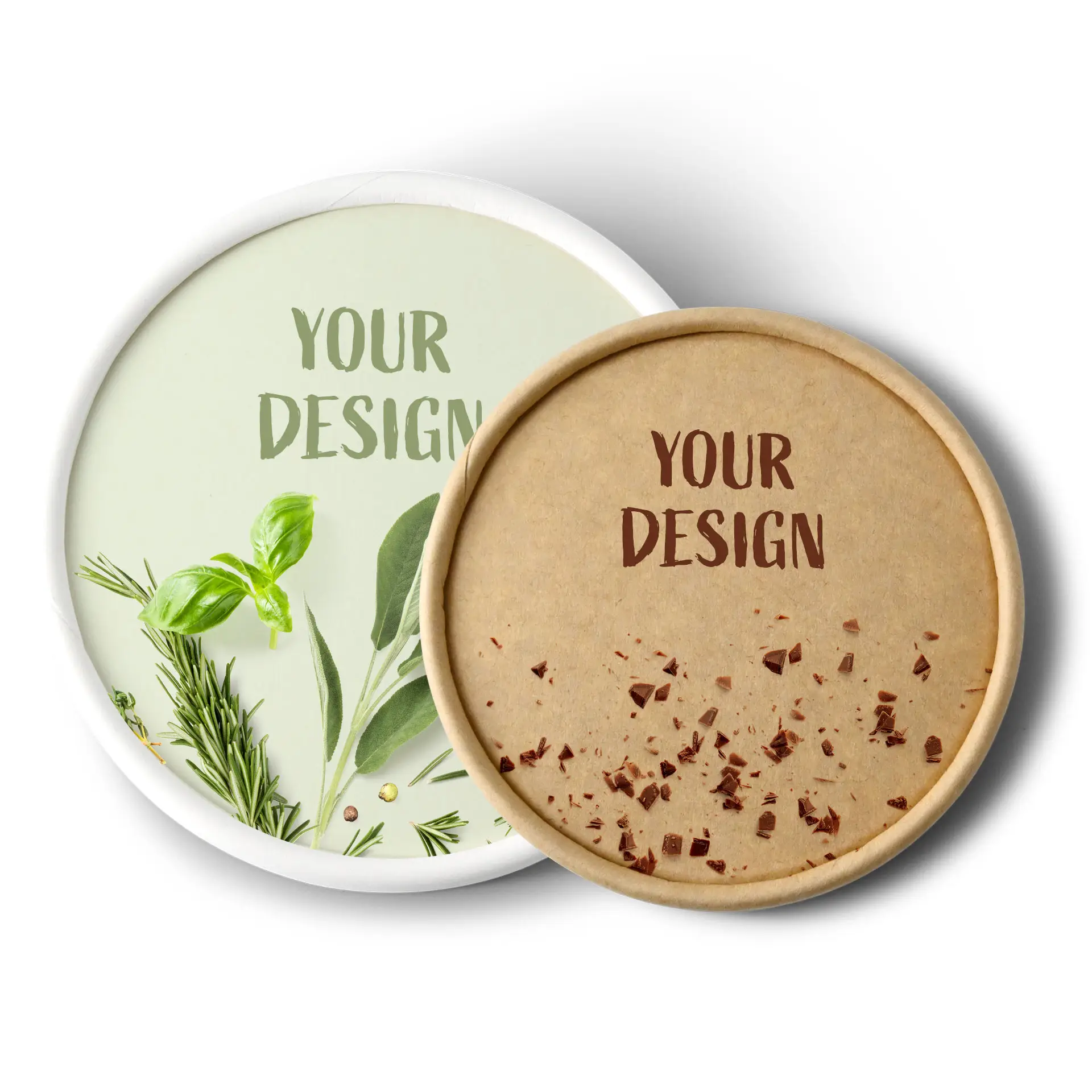 Custom printed cardboard lids for ice cream cups; features one white lid with herbs design and one brown with chocolate bits pattern.