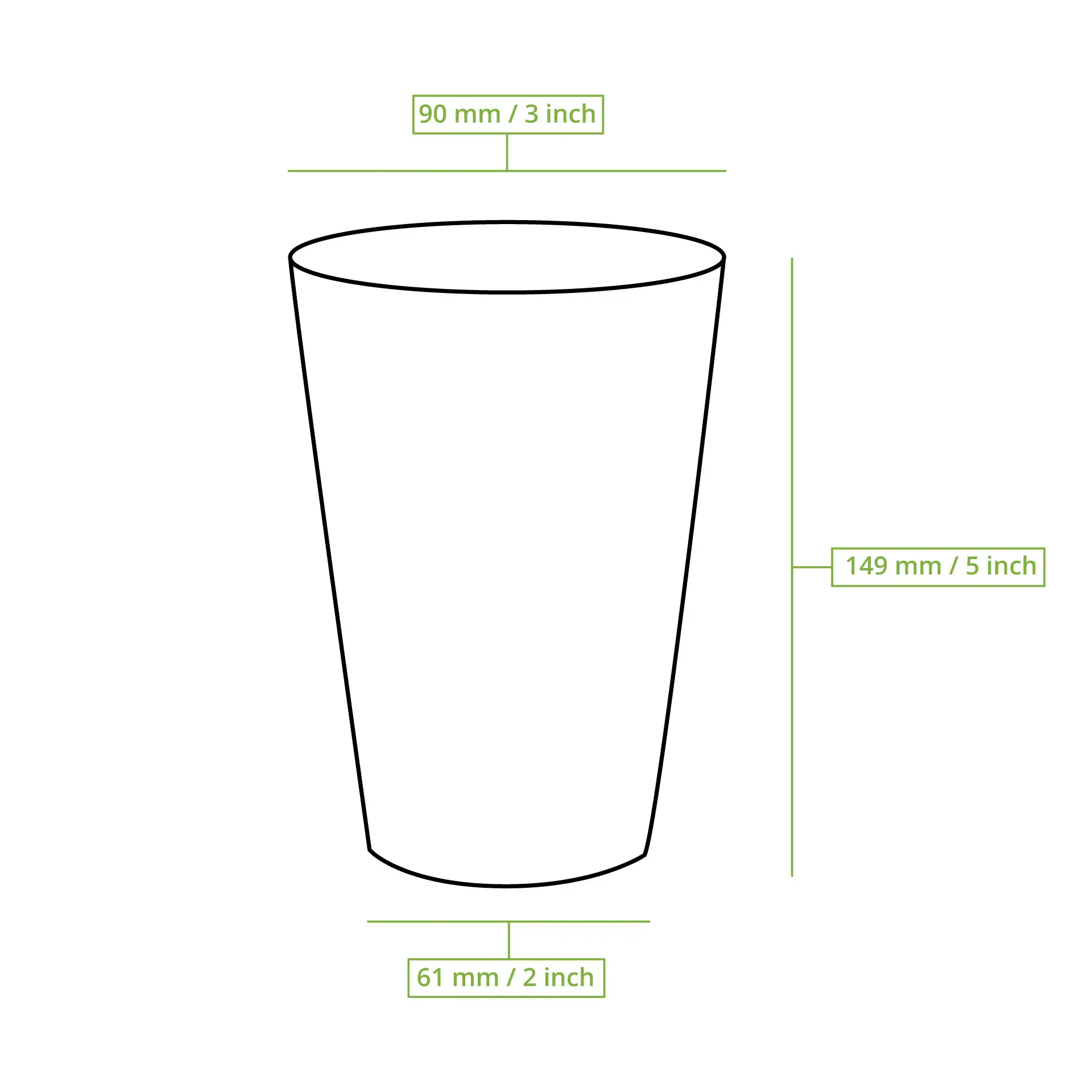 Brown single-wall paper cup, 500 ml capacity with PLA coating, dimensions 90 mm diameter and 149 mm height.