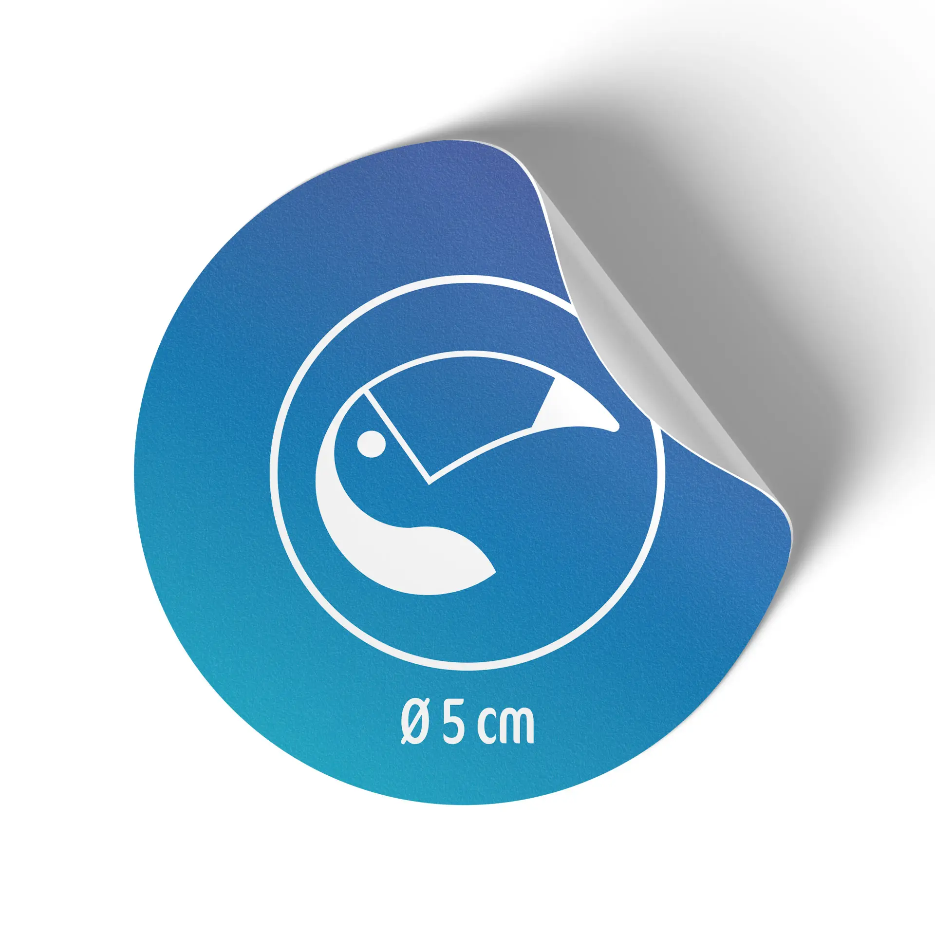 Round sticker with a blue gradient and white design, featuring a 5 cm diameter mark.