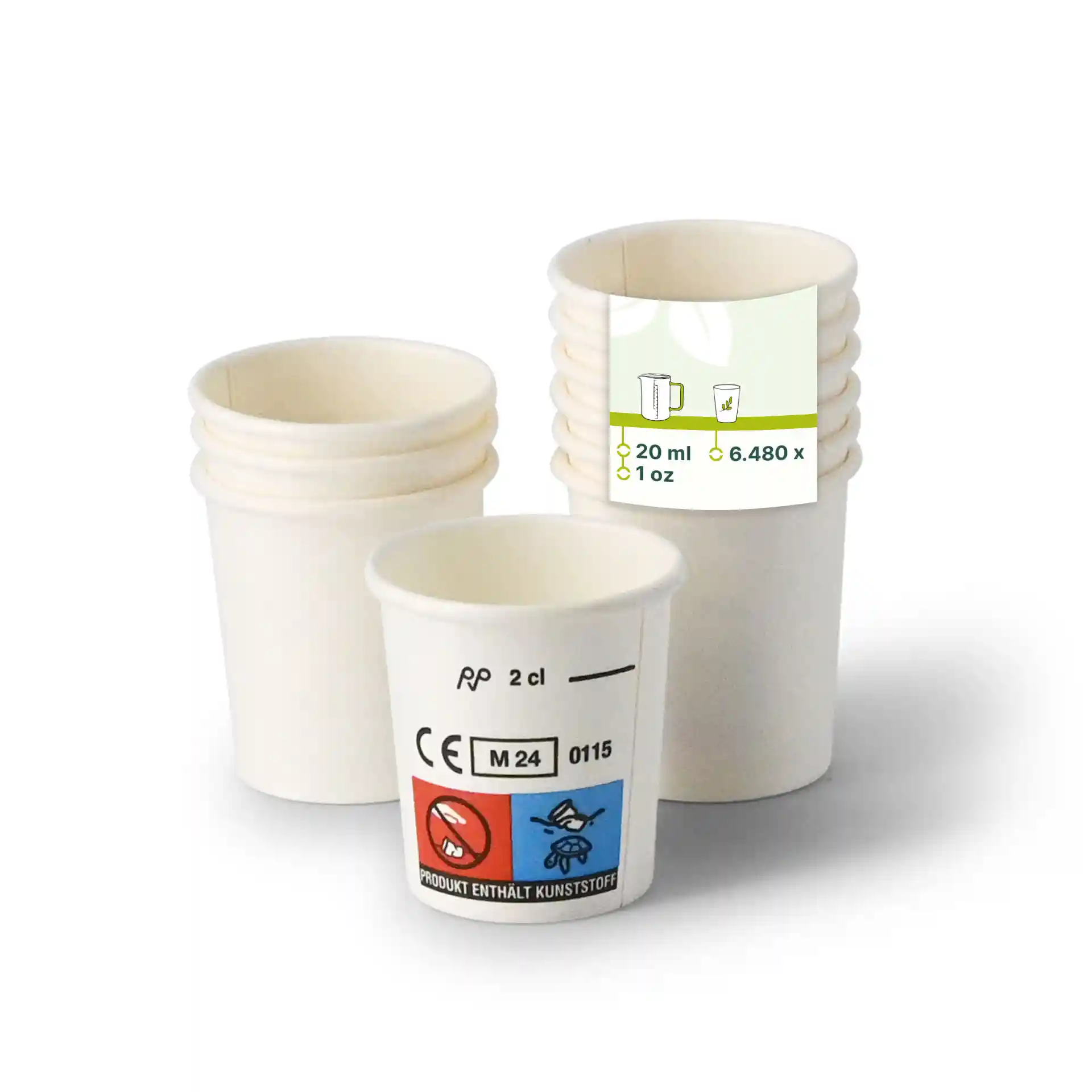 White paper shot cups stacked, with one cup in front showing a label with markings and a symbol.