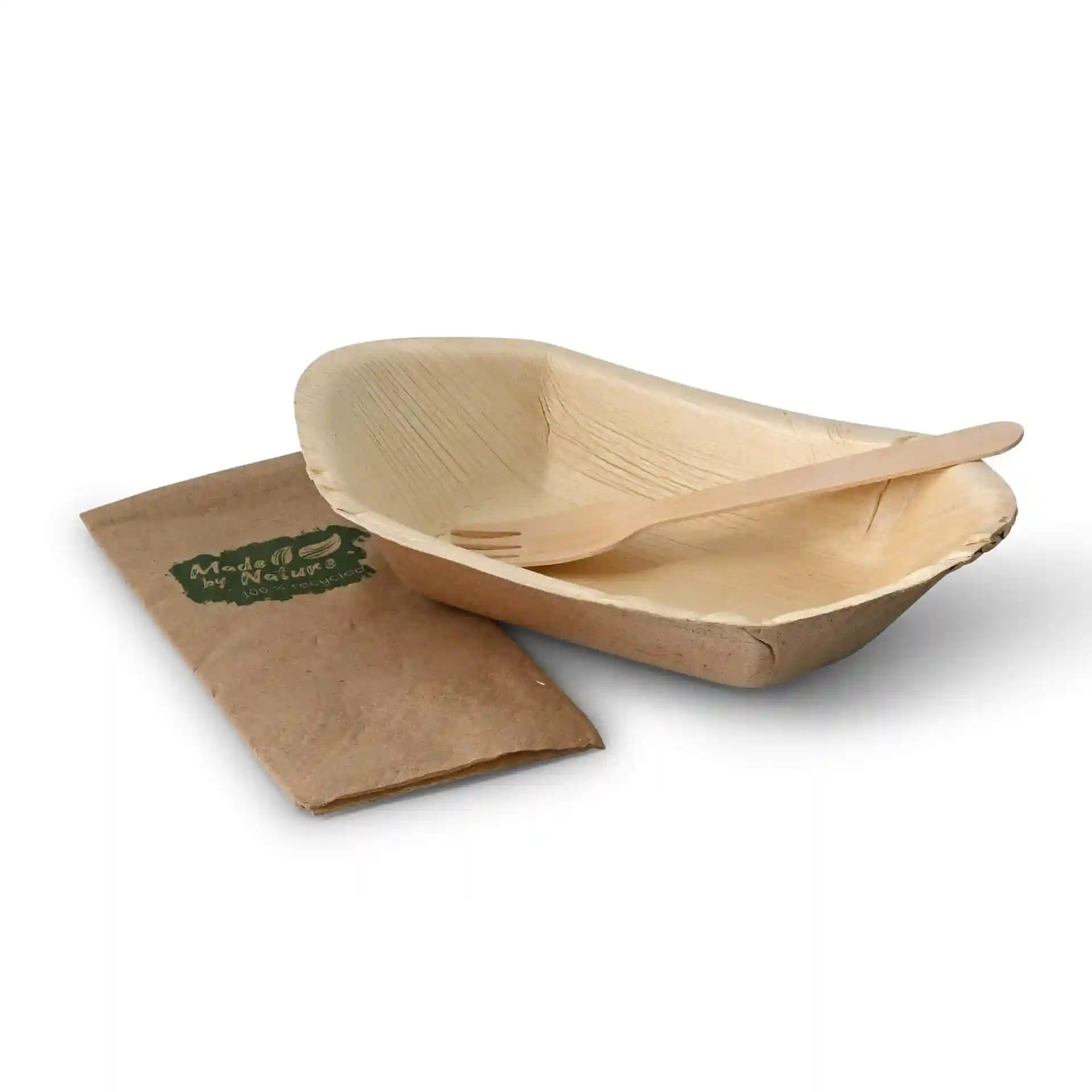 Deep palm leaf boat with a wooden fork and a brown paper wrapper.