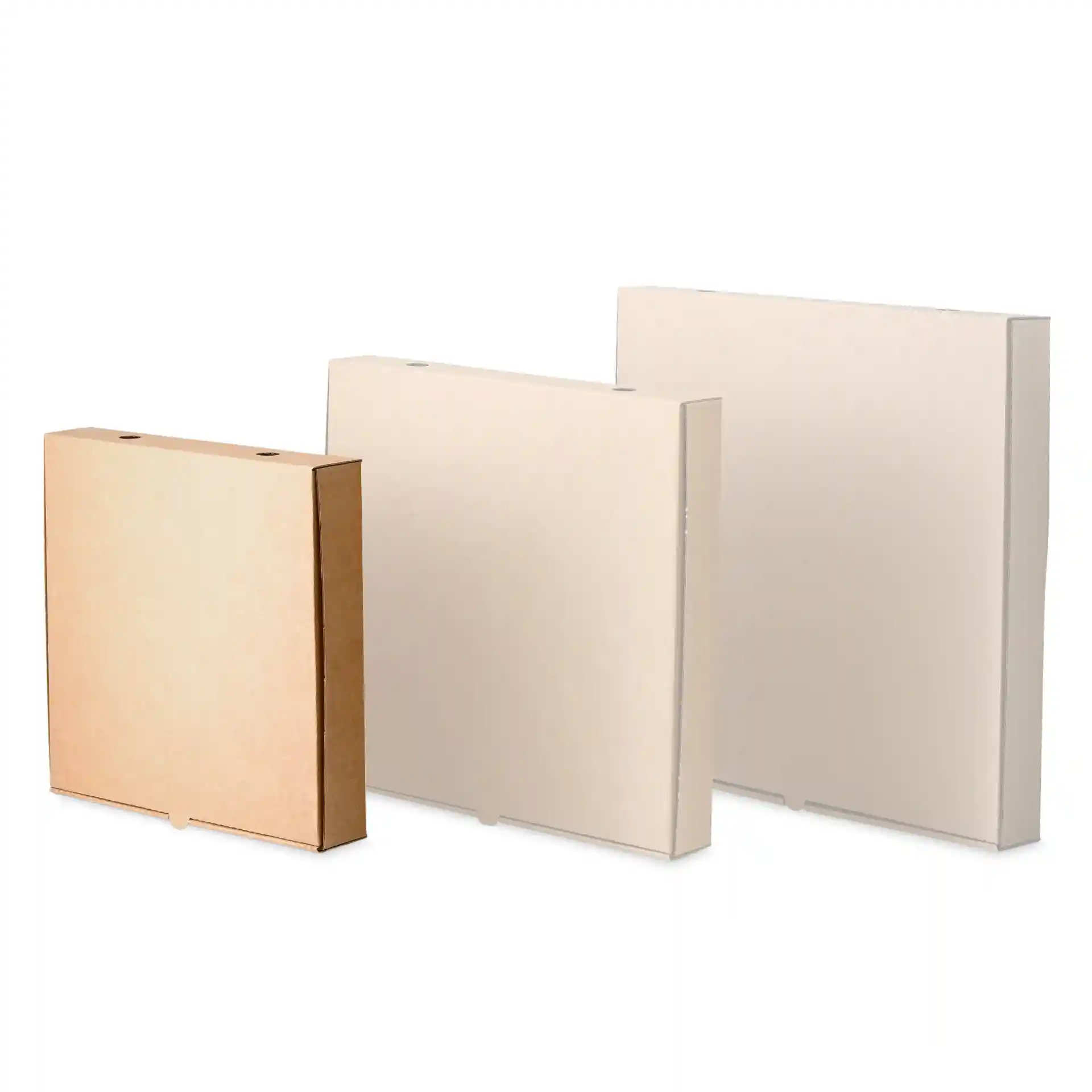 Image shows three square pizza boxes in brown and white cardboard, varying in size, with no visible text or markings.