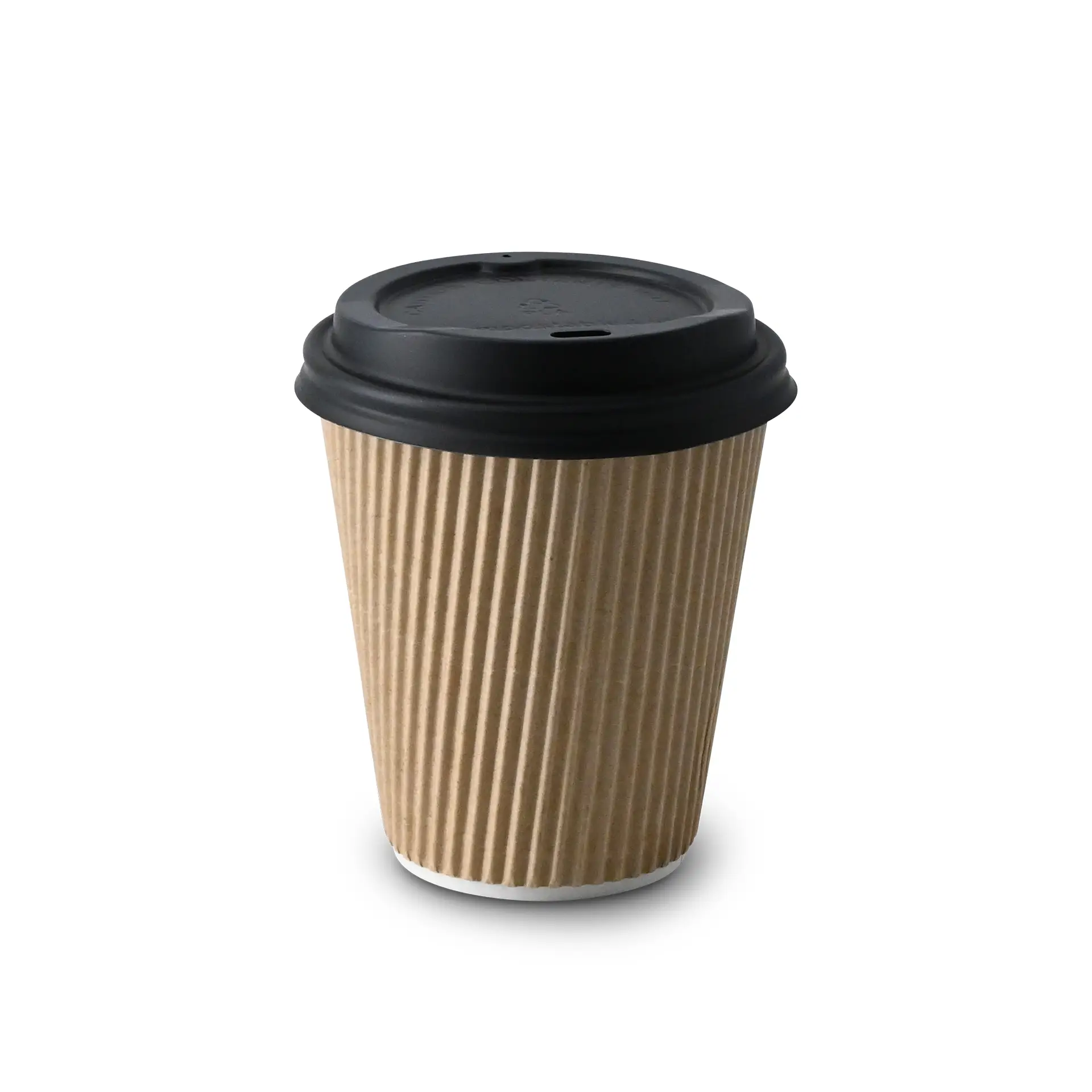 One 10 oz ribbed coffee cup with a black lid, brown exterior, and white interior; suitable for hot drinks.