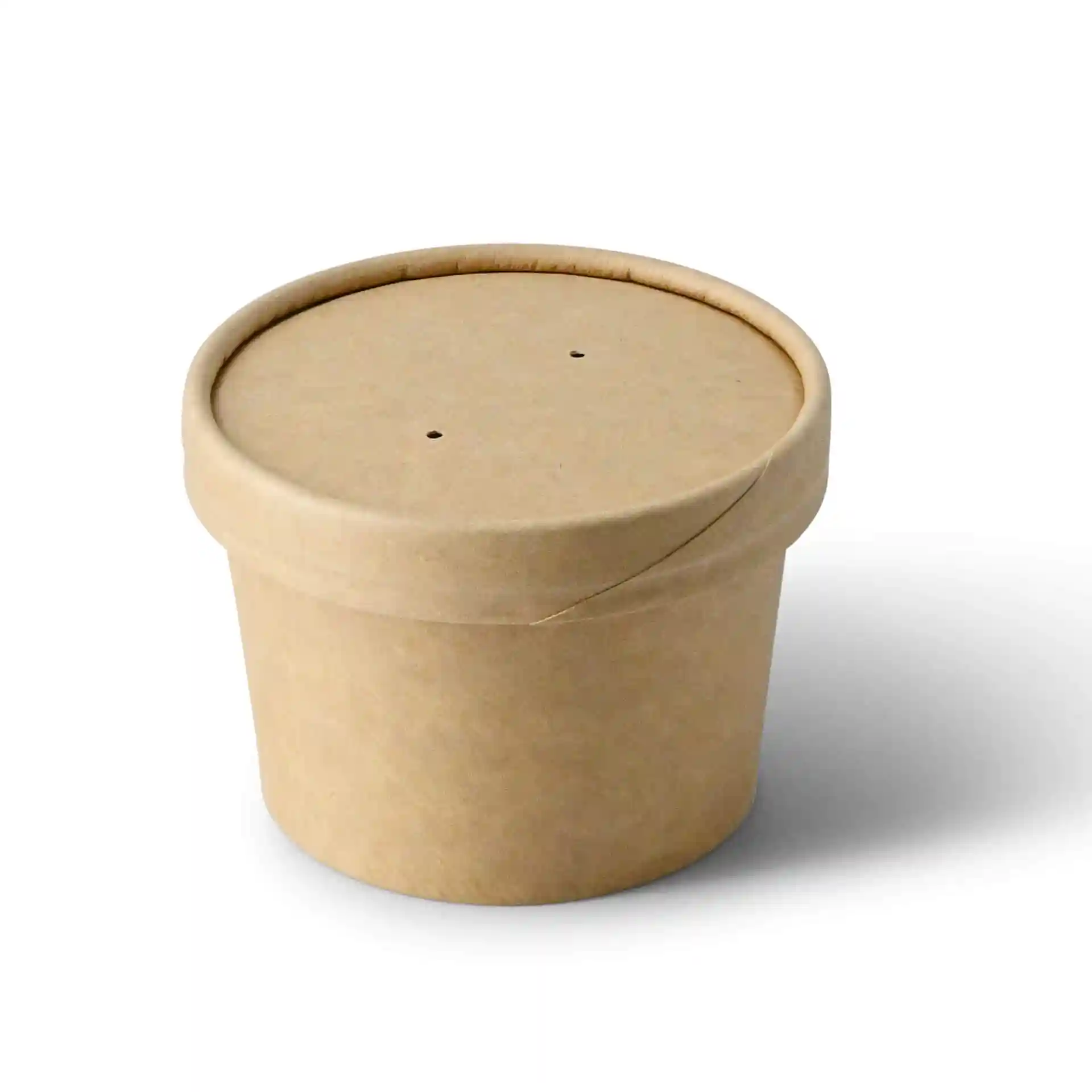 Round brown cardboard container with a lid, featuring two small holes on top.