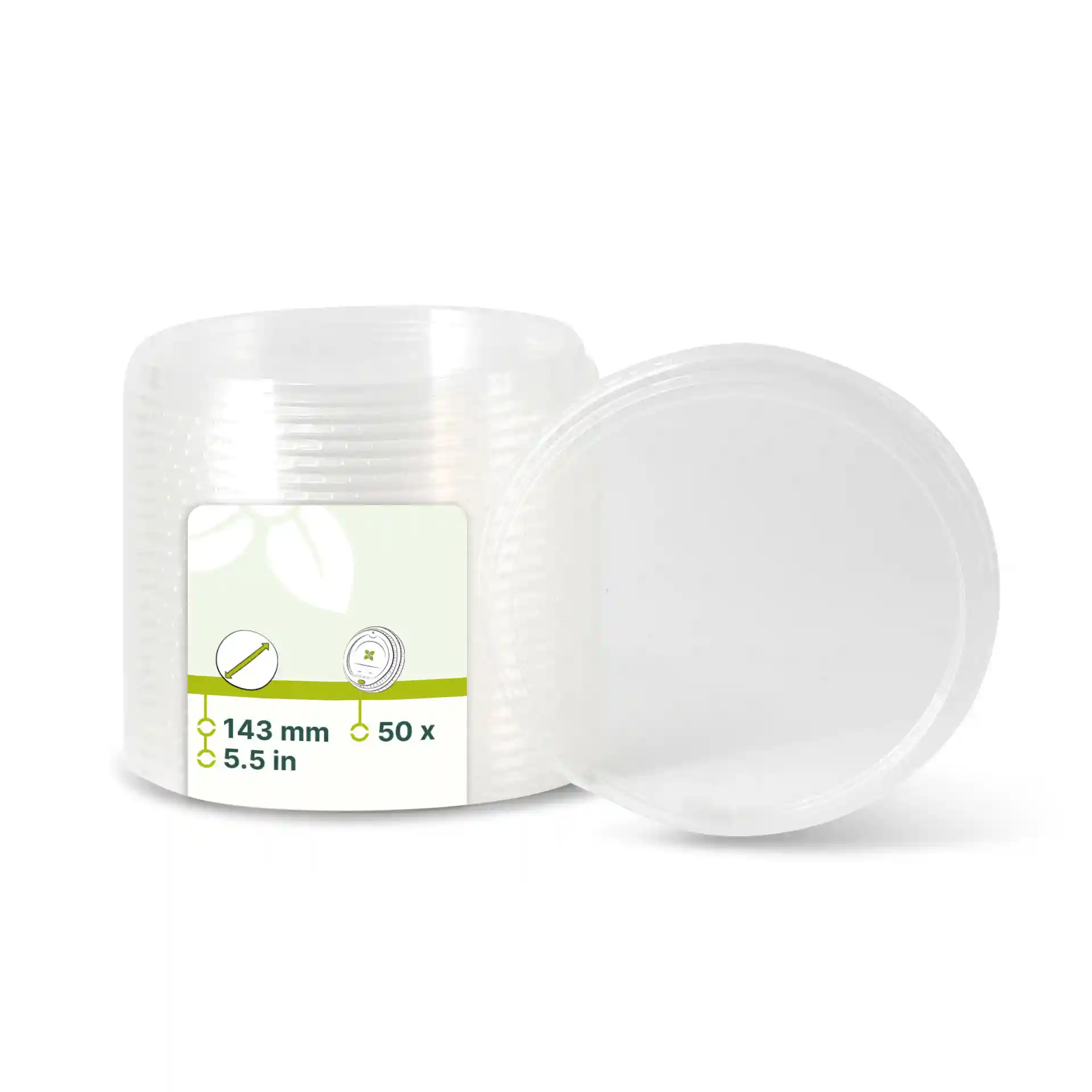 Transparent round PLA lids for deli cups, diameter 143 mm, with one lid shown and another partially visible.
