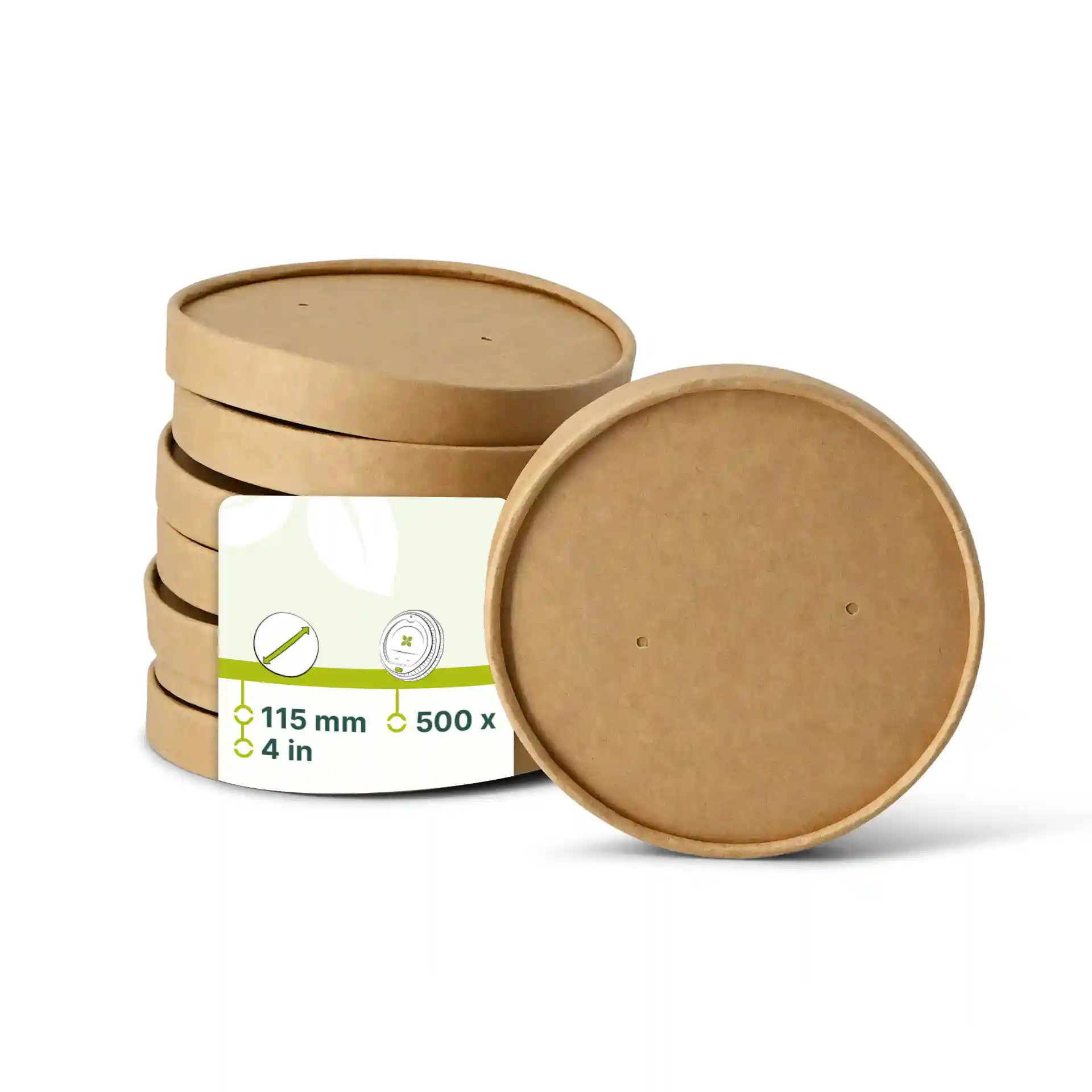 Stack of round brown cardboard lids with a label showing dimensions and quantity, placed on a white background.