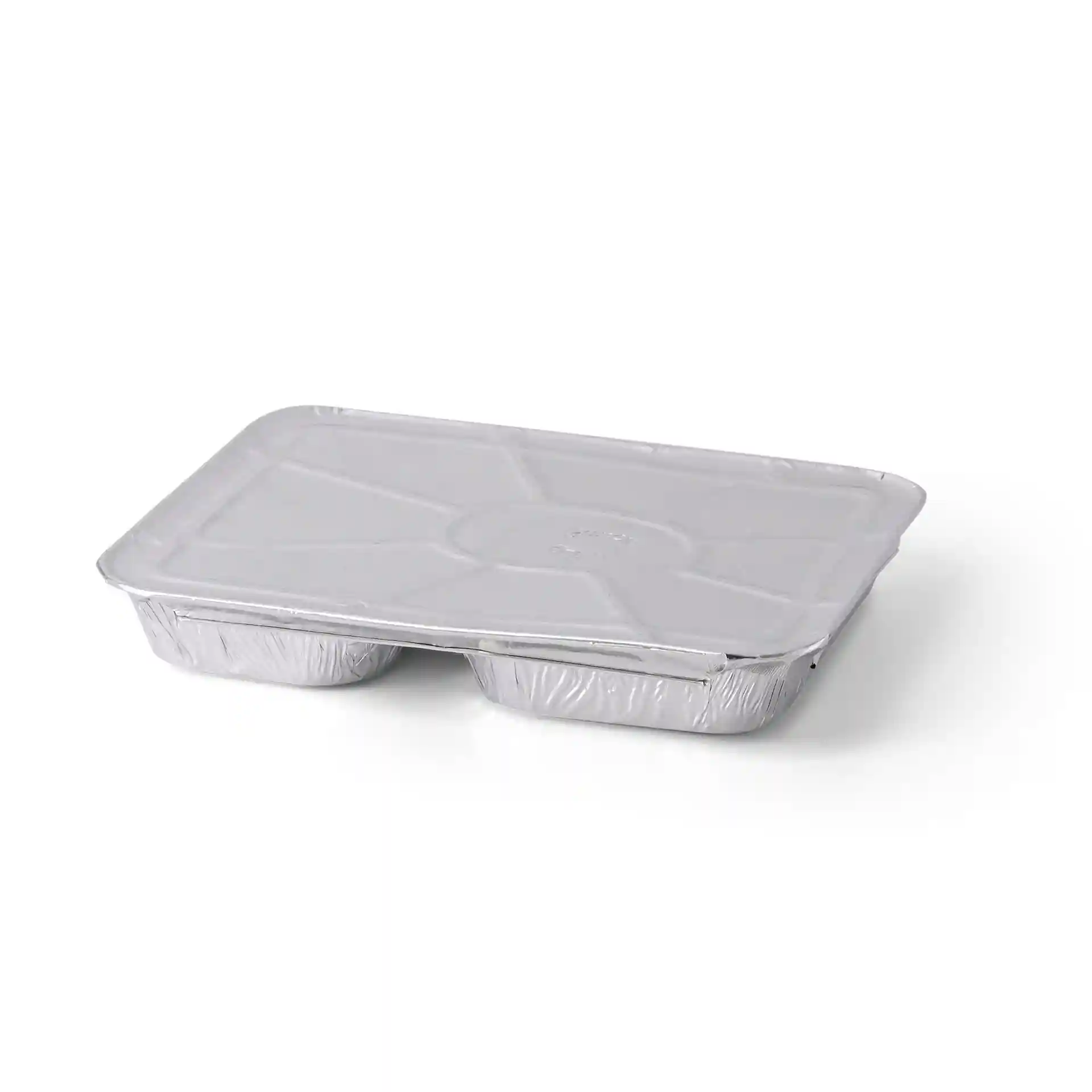 Aluminium meal tray with two compartments, rectangular shape, measuring 22.7 x 17.7 x 3 cm.