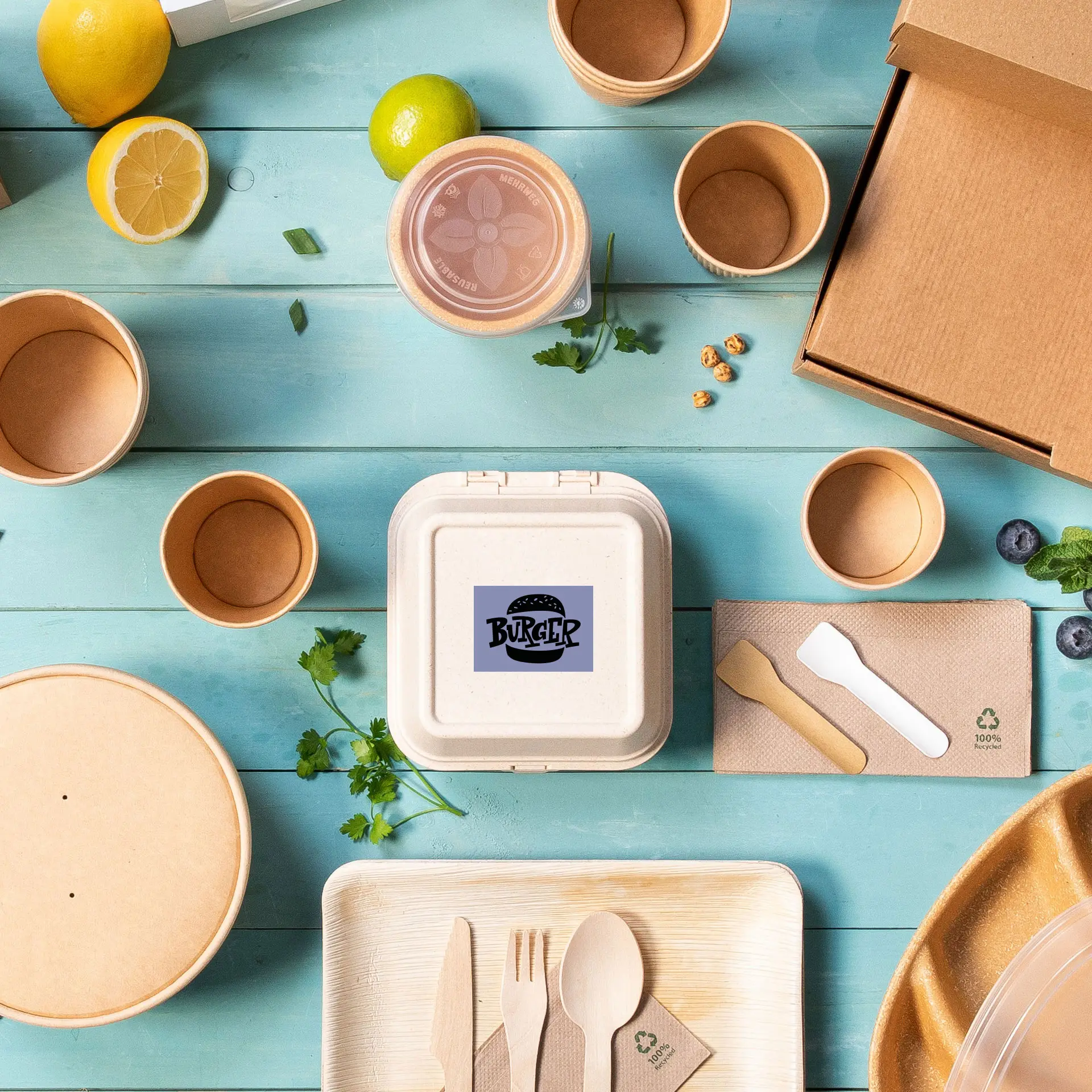 A white square container with a printed burger logo is surrounded by disposable cups, utensils, and fresh ingredients on a blue background.