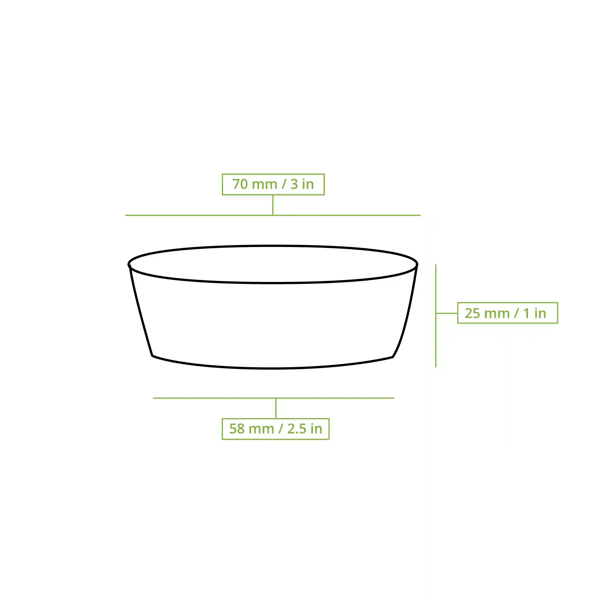 Schematic drawing of a transparent cup with dimensions: top diameter 70 mm, bottom diameter 58 mm, height 25 mm.