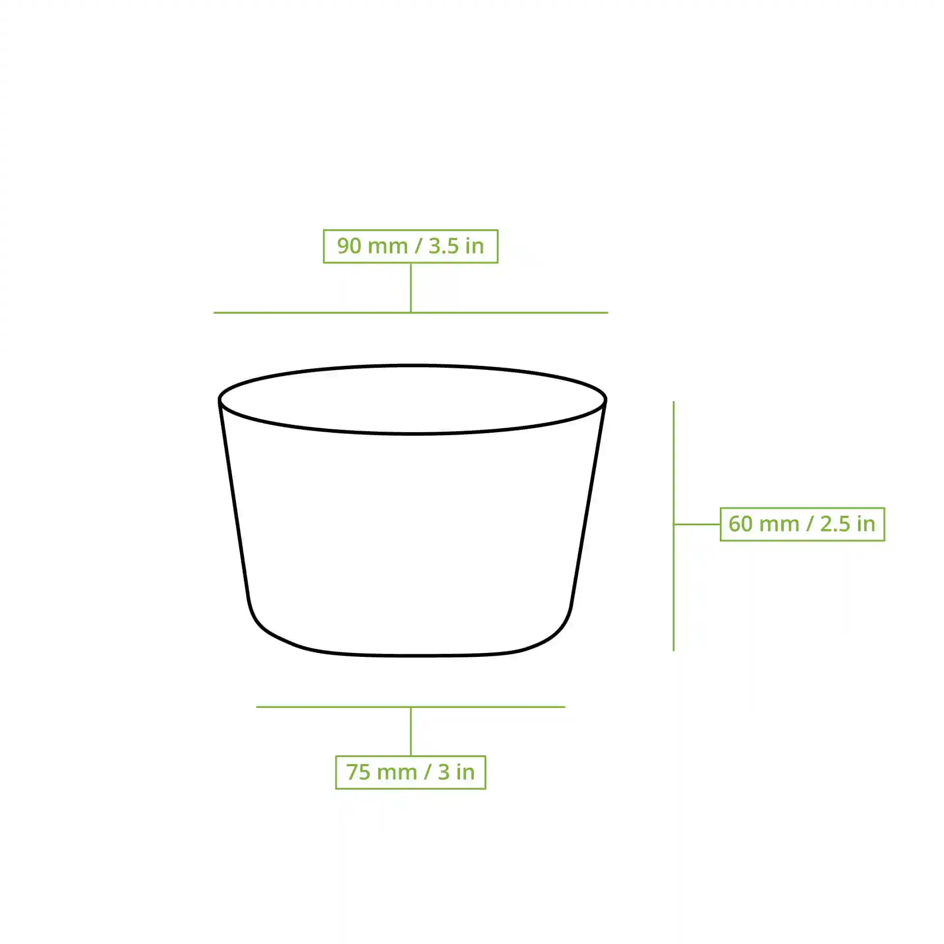 Schematic drawing of a round soup container with dimensions: 90 mm diameter, 60 mm height, and 75 mm bottom diameter.