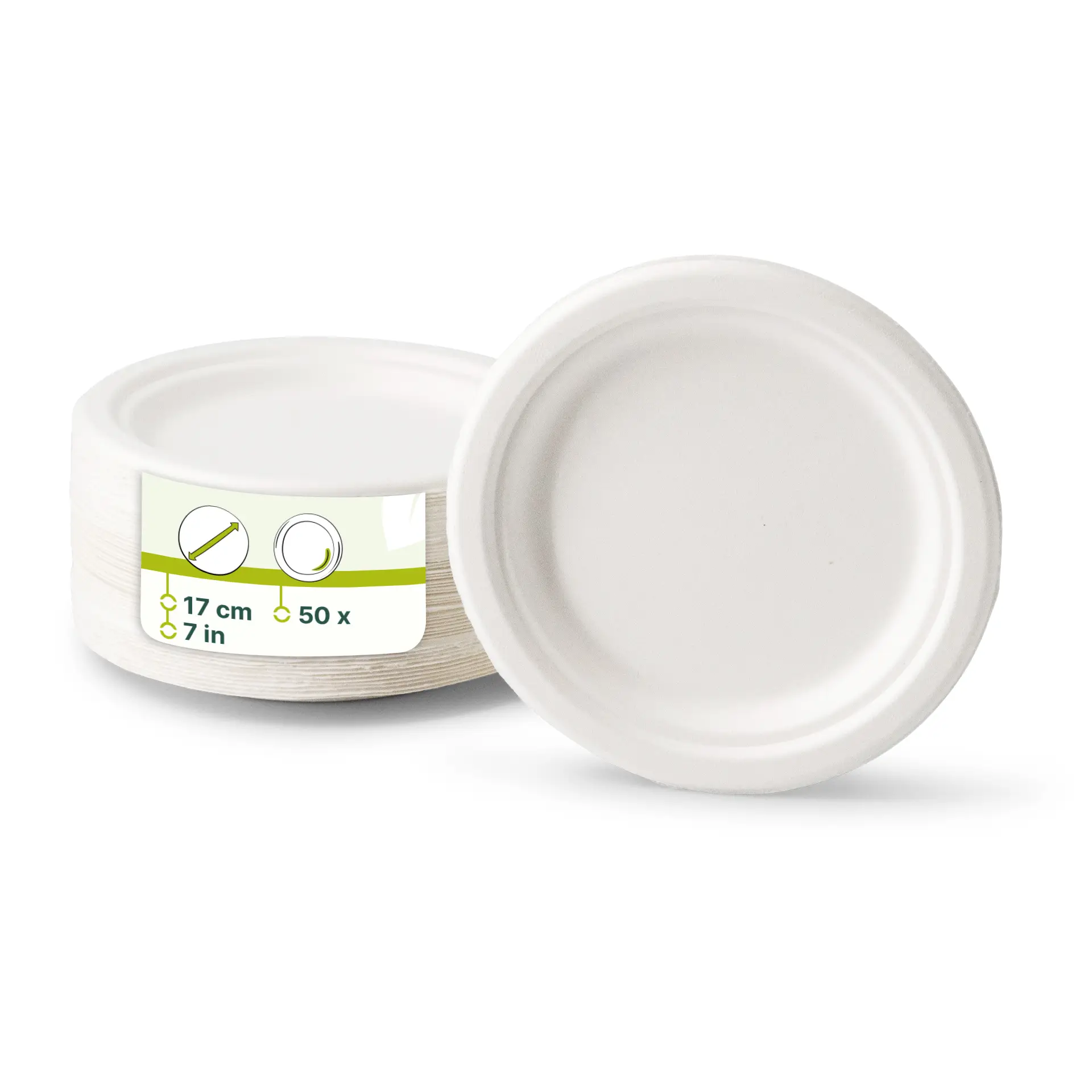 Round biodegradable sugarcane plates 17 cm in diameter, stack of several visible with a label.