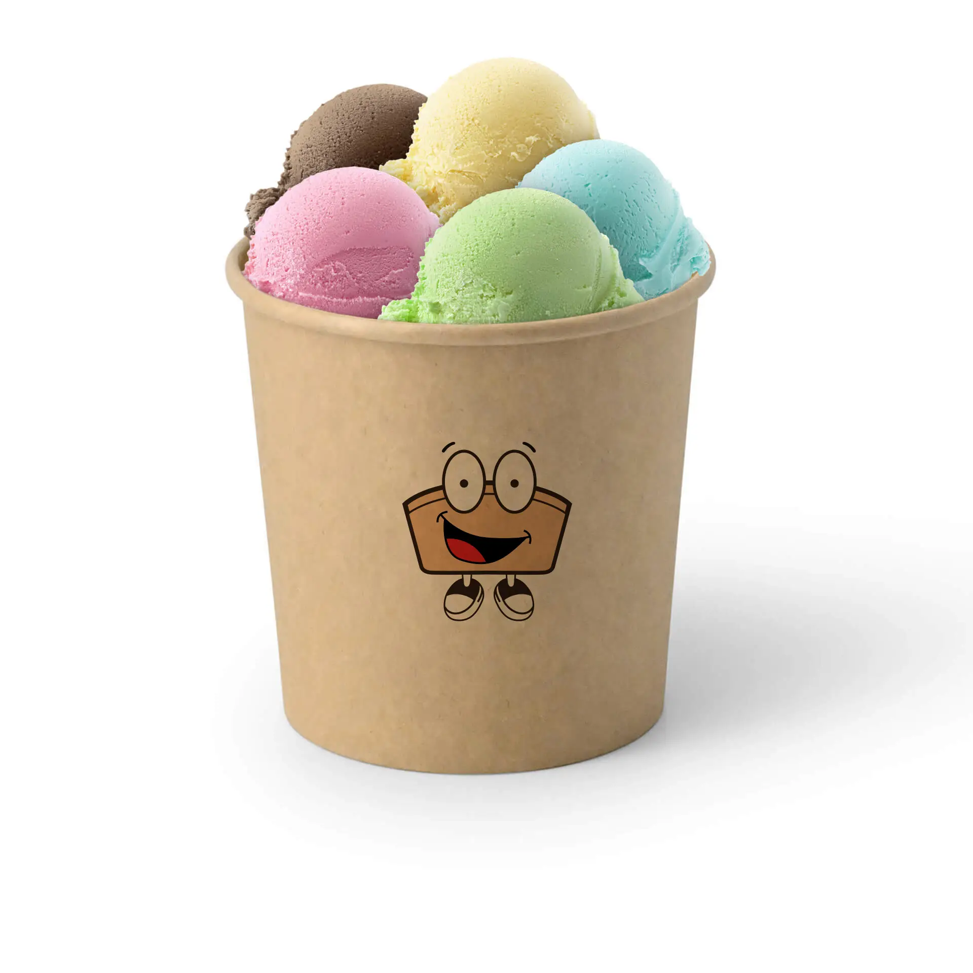 Brown ice cream cup with six colorful scoops of ice cream and a cartoon character printed on the side.