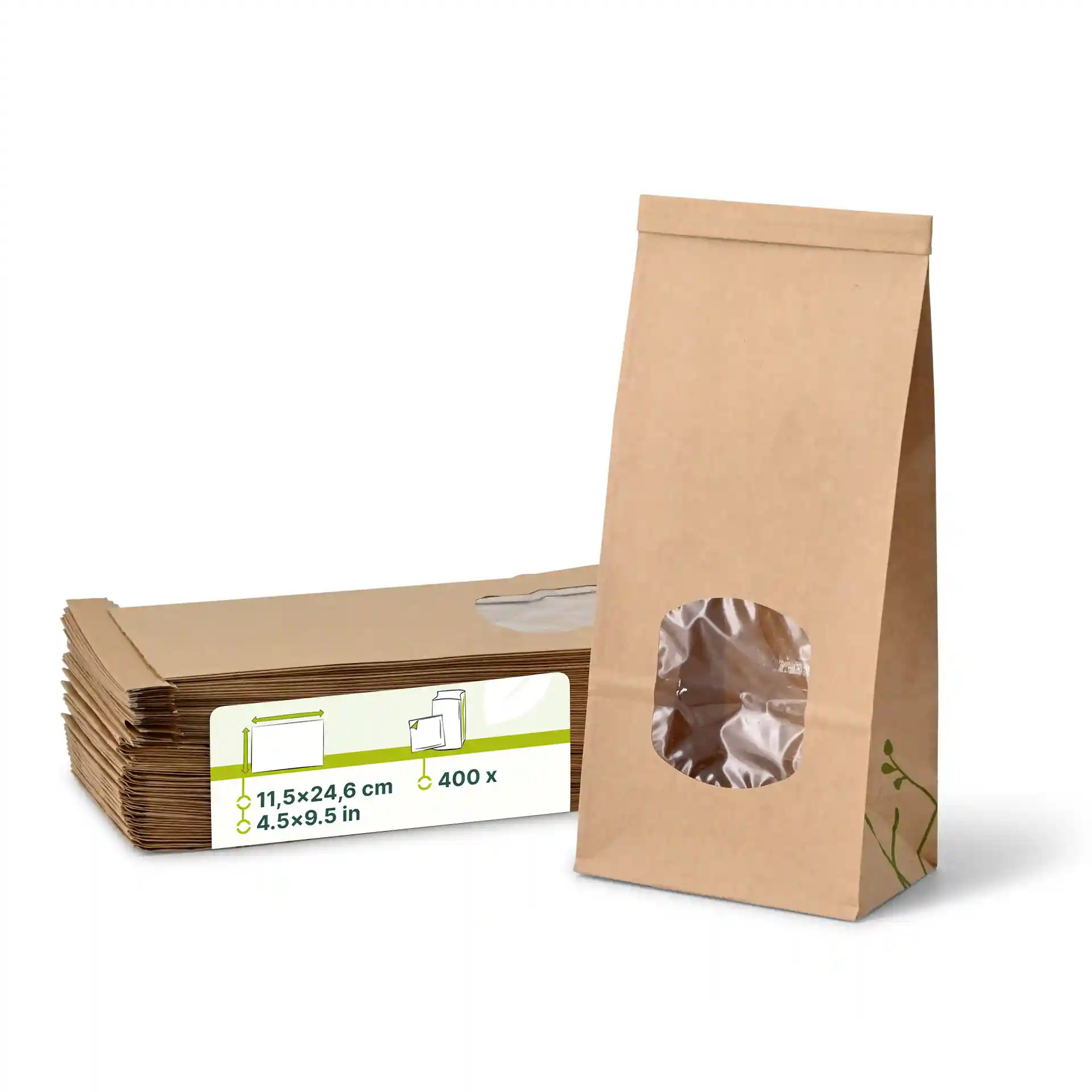 Brown block bottom bag with a window, made of kraft paper, displayed next to a stack of similar bags.