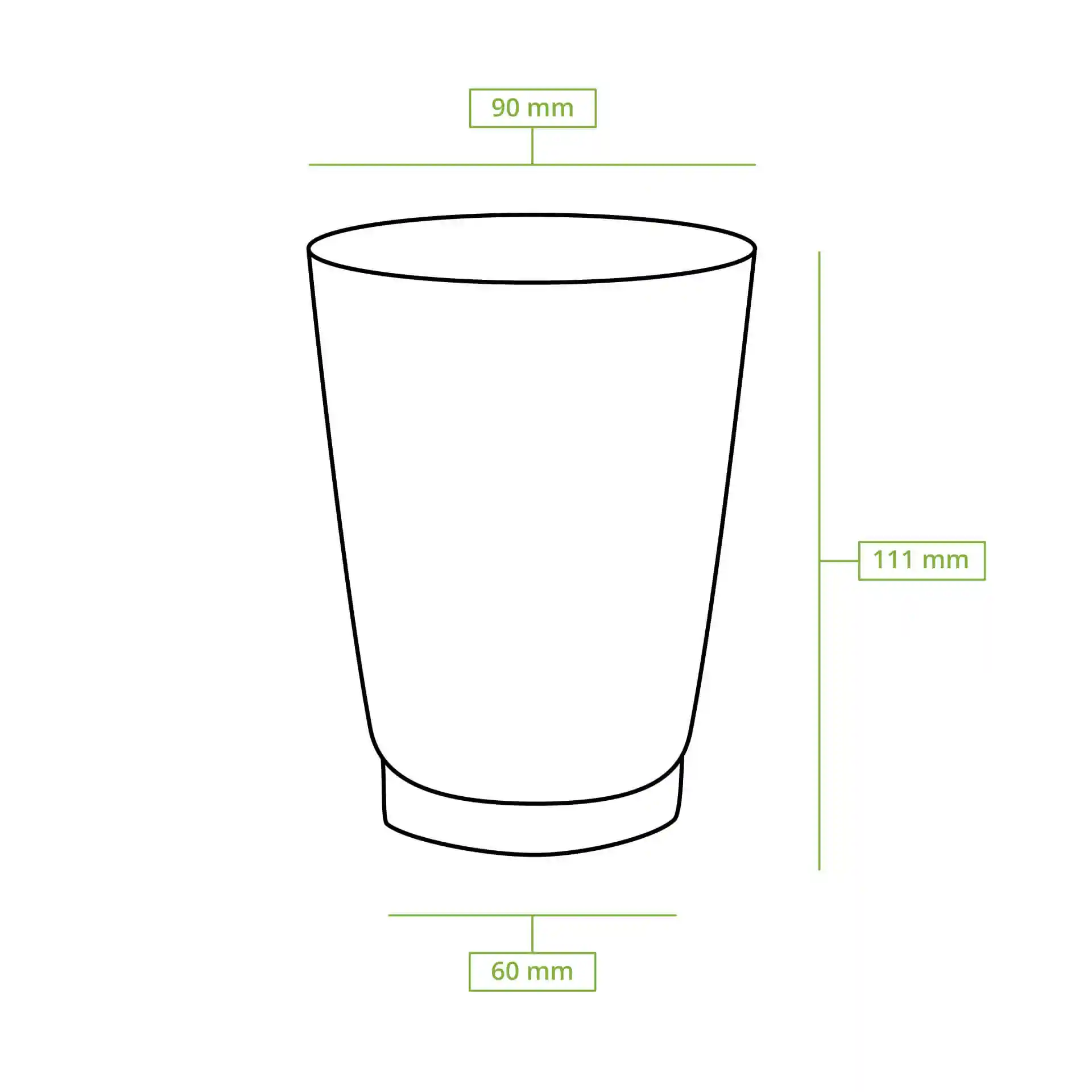 Schematic drawing of a double-walled coffee cup with dimensions: height 111 mm, top diameter 90 mm, bottom diameter 60 mm.