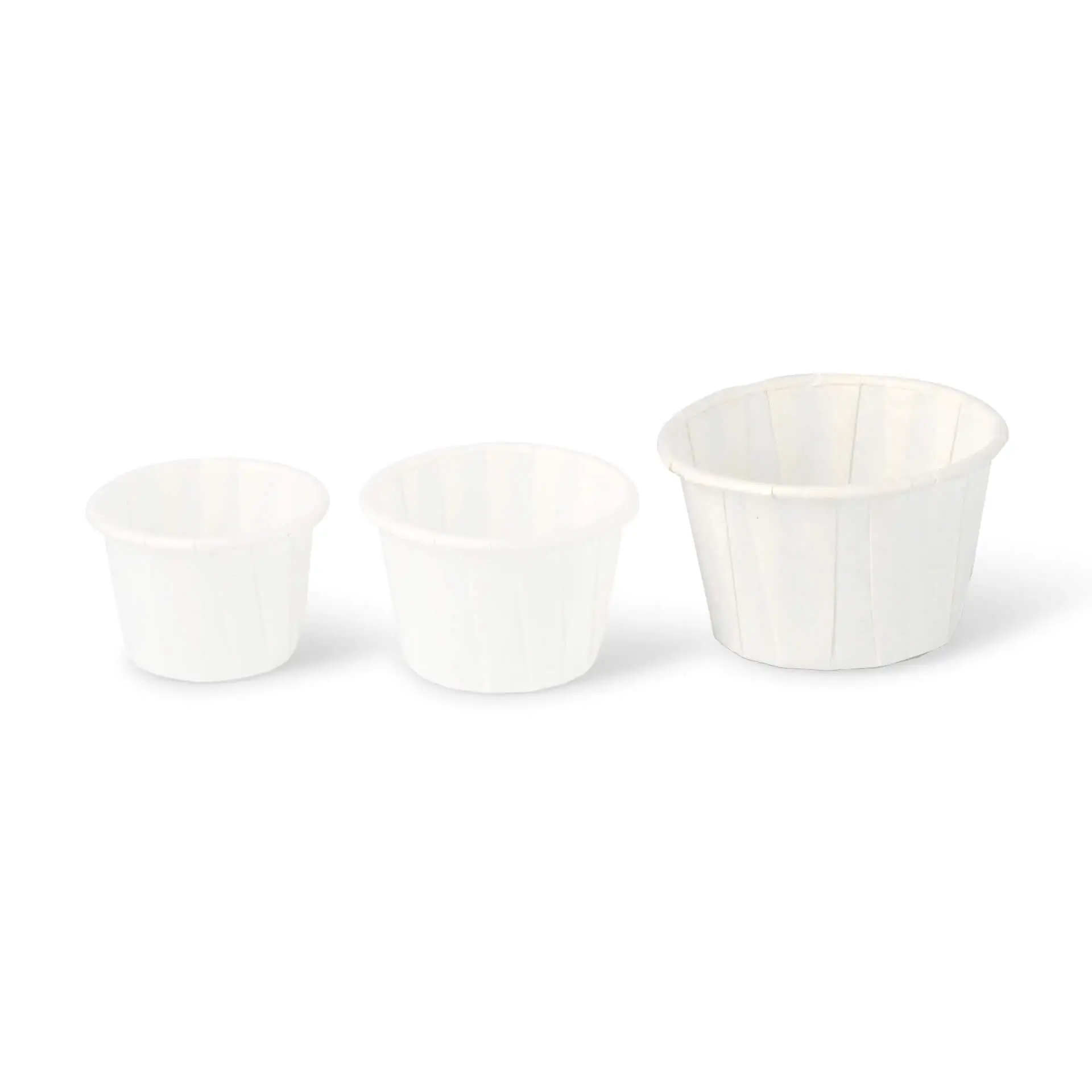 Three white paper cups of varying sizes, suitable for dips or small portions, shown on a plain background.