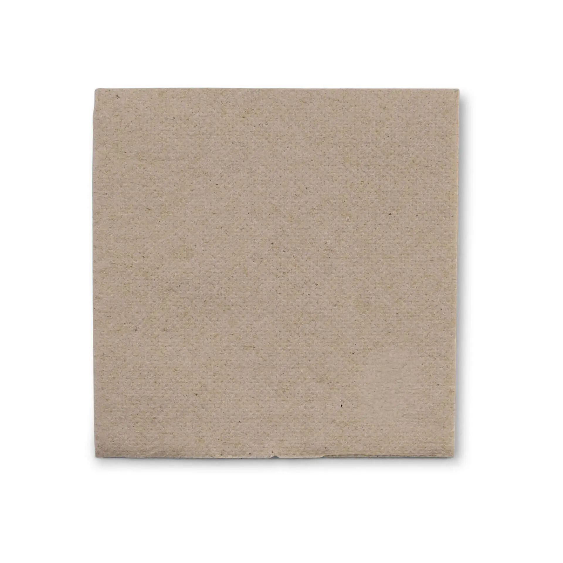 Square unbleached paper napkin, 20 x 20 cm, with a black circular recycling symbol and text indicating recycled content.