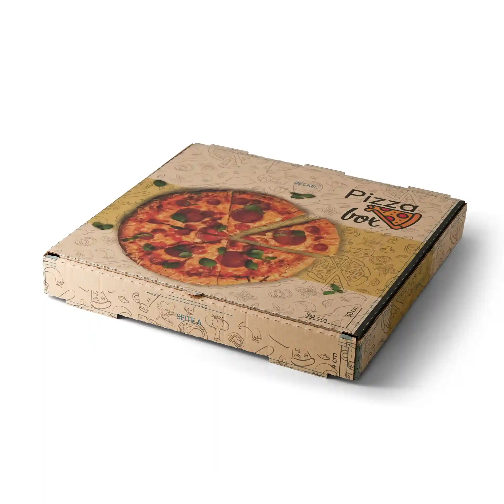 Brown pizza box with a pizza graphic on top, measuring 30 x 30 x 4 cm, featuring a design with various food illustrations.