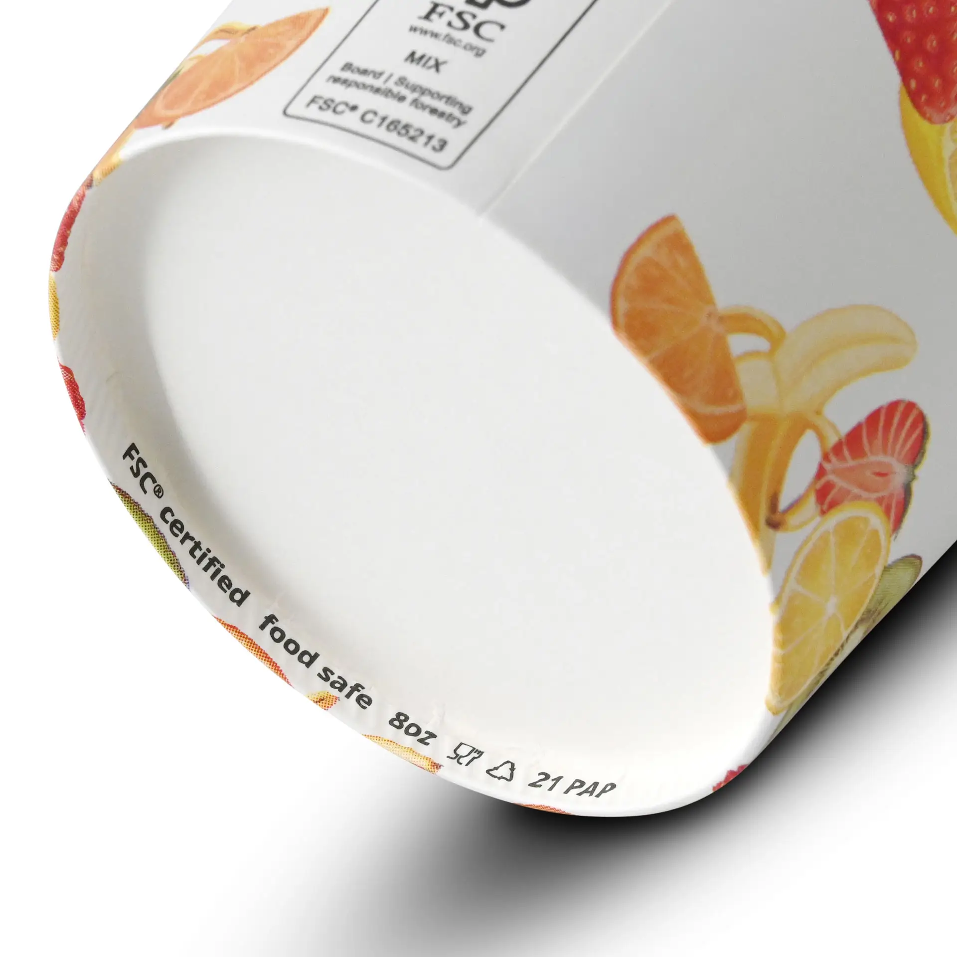Printed paper ice cream cup featuring fruit designs, designed for hot and cold foods, with a capacity of 8 oz.