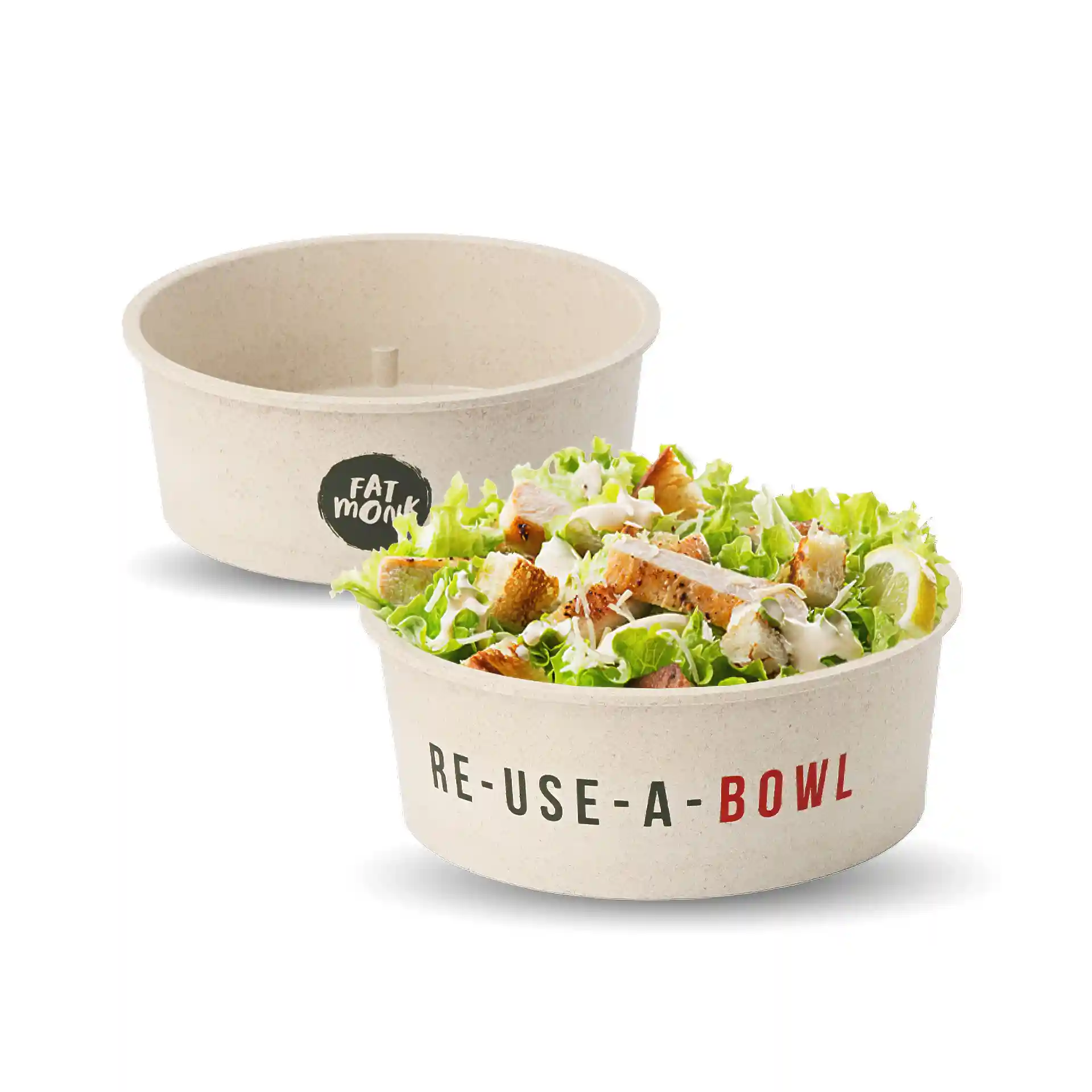 Round reusable bowl with salad, cream-white color, 650 ml capacity, featuring a logo and text printed on the side.