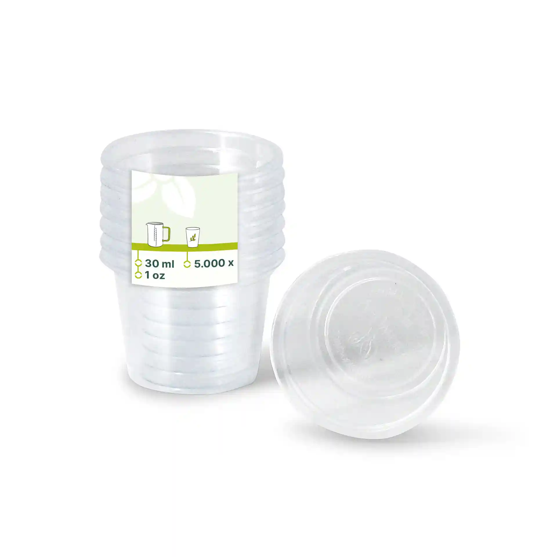Transparent PLA portion cups stacked, with one cup on its side, showing a label with markings.
