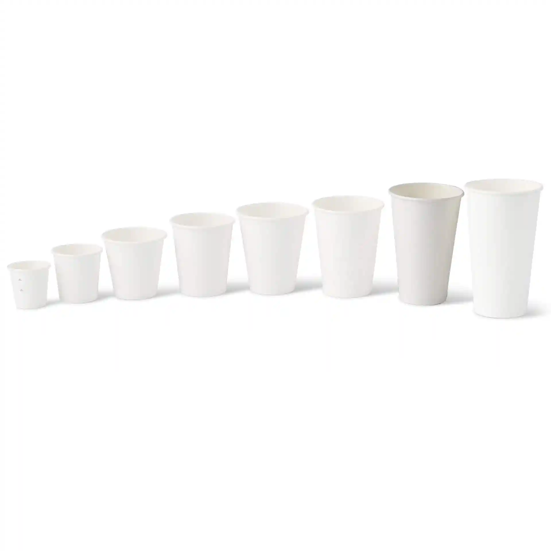 Set of eight white paper cups in varying sizes, arranged from smallest to largest, with a single wall design.