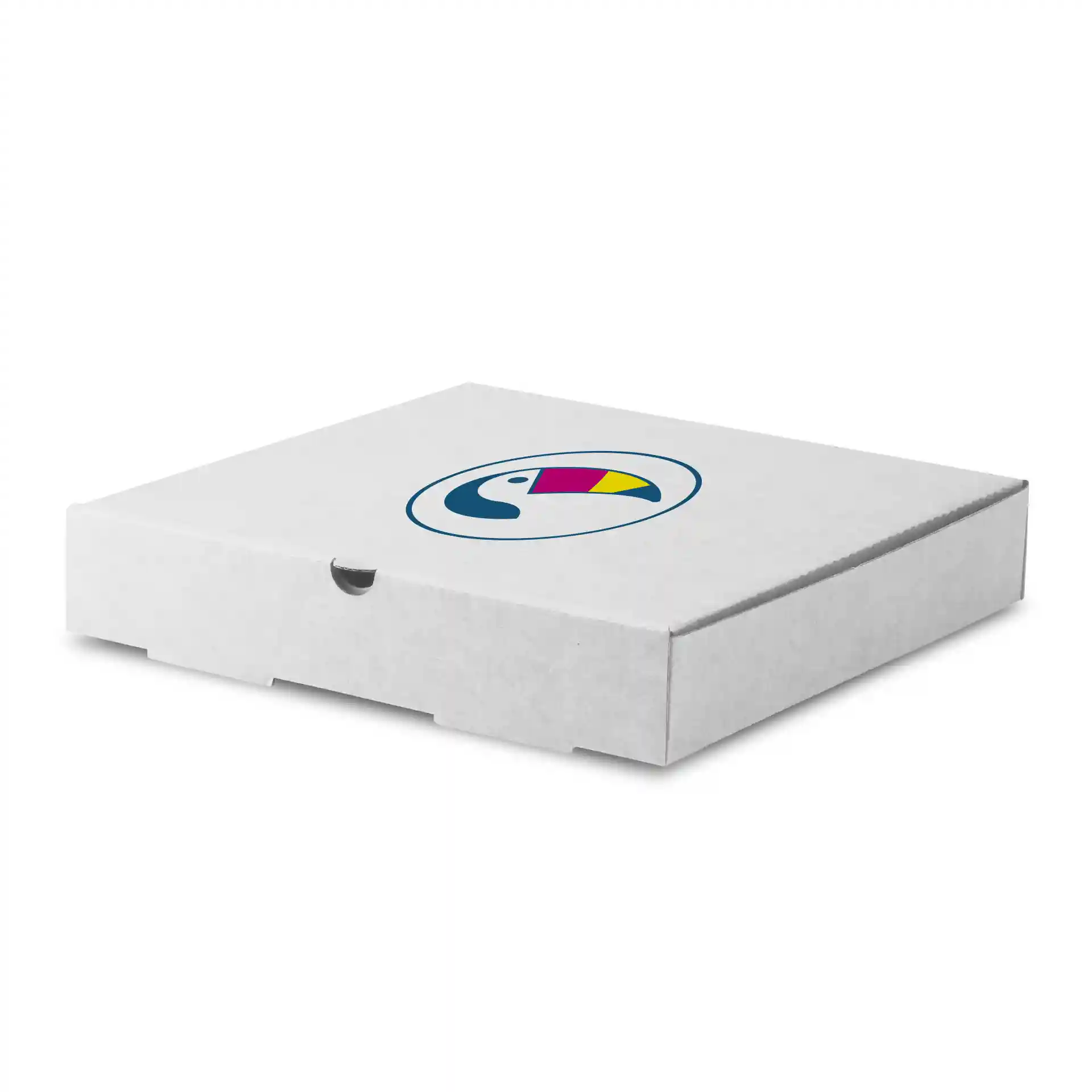 White pizza box with a circular logo featuring a colorful toucan design, measuring 26 x 26 x 4 cm.